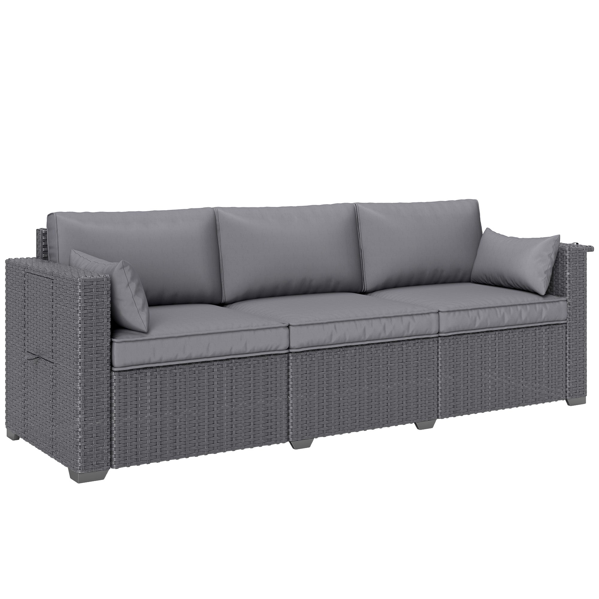 Outsunny 3 Seater Wicker Outdoor Sofa with Side Tray Tables, Poly Rattan Patio Sofa Couch with 6" Thick Back Cushions, Outdoor Couch with Deep Seat, Pillows for Garden, Grey