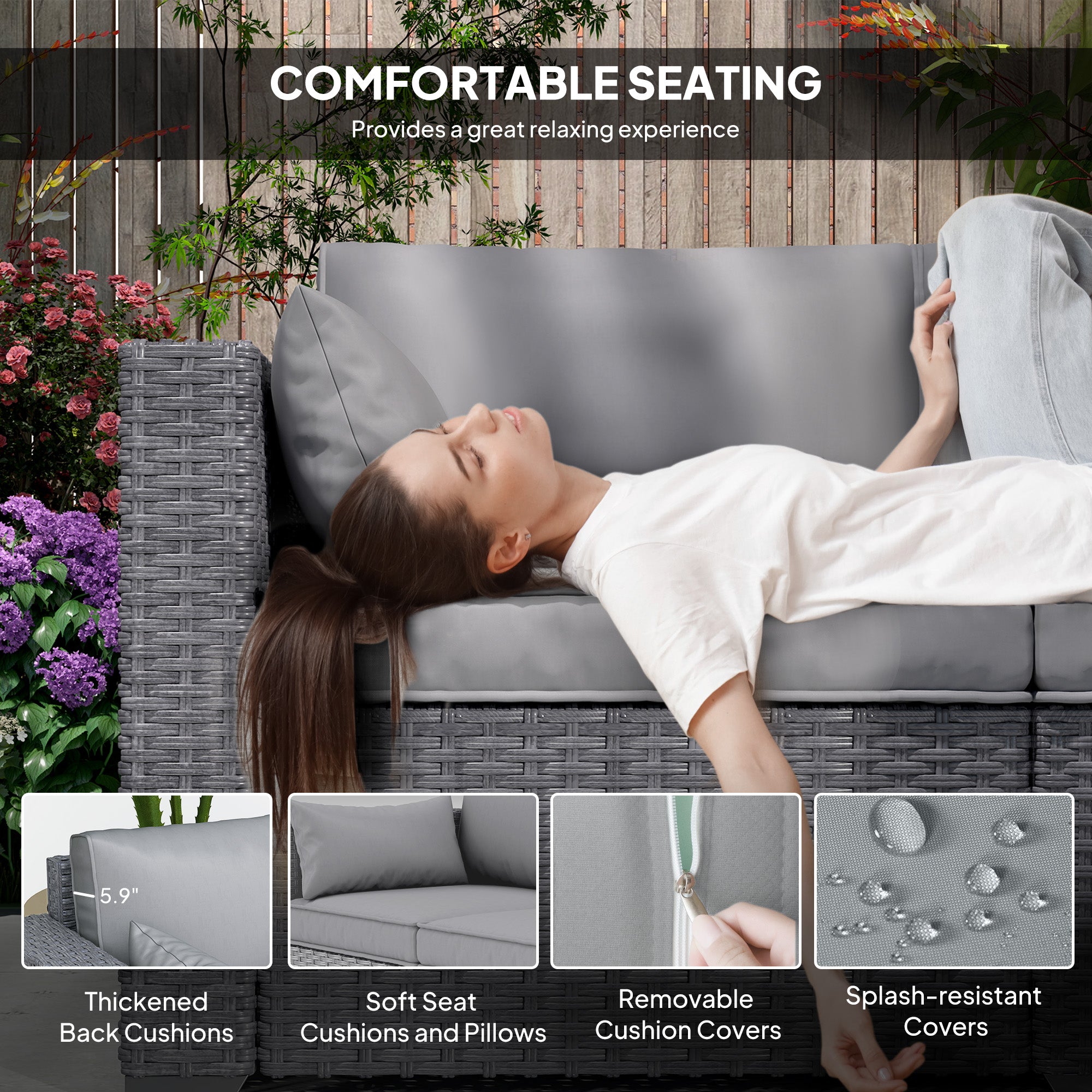 Outsunny 3 Seater Wicker Outdoor Sofa with Side Tray Tables, Poly Rattan Patio Sofa Couch with 6" Thick Back Cushions, Outdoor Couch with Deep Seat, Pillows for Garden, Grey