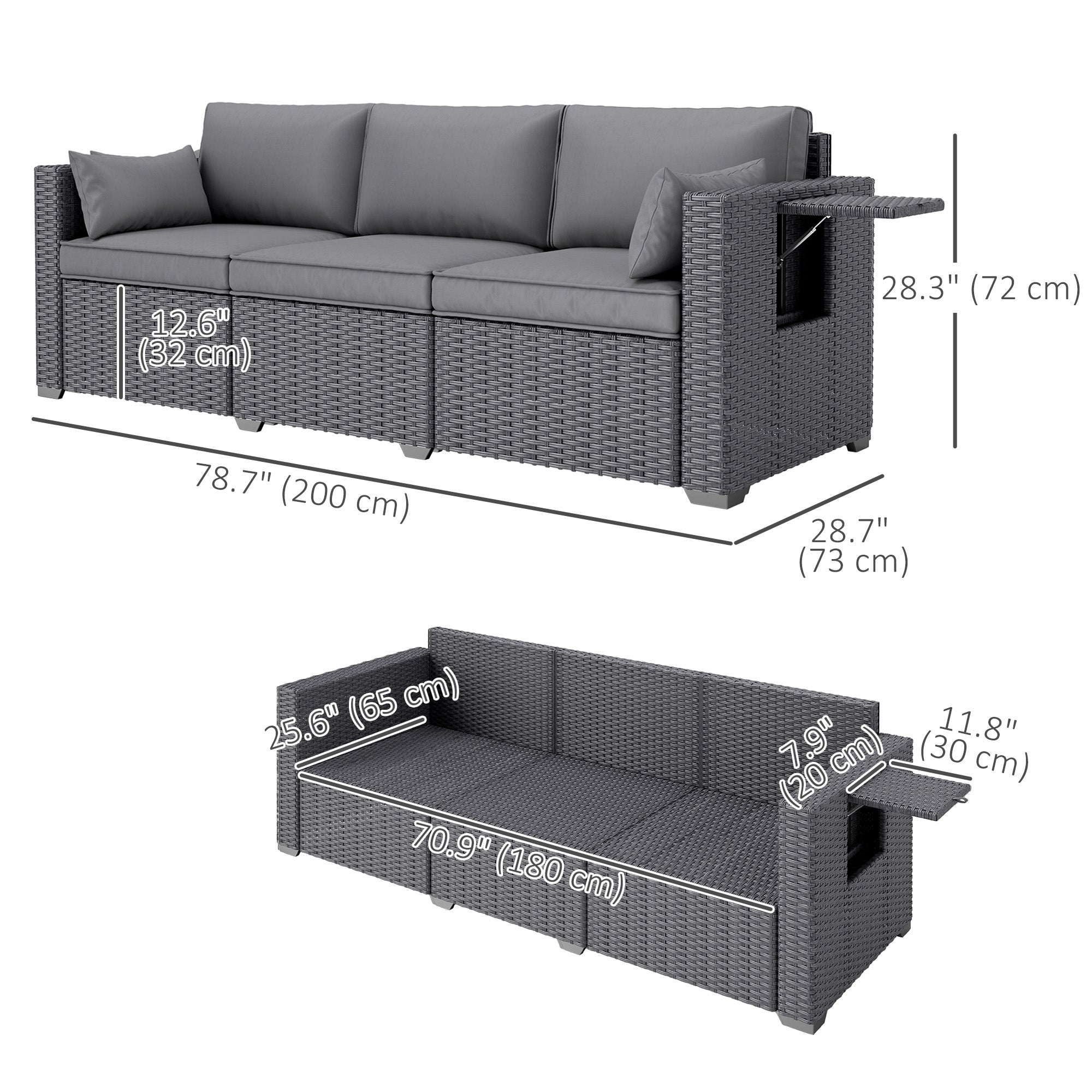 Outsunny 3 Seater Wicker Outdoor Sofa with Side Tray Tables, Poly Rattan Patio Sofa Couch with 6" Thick Back Cushions, Outdoor Couch with Deep Seat, Pillows for Garden, Grey