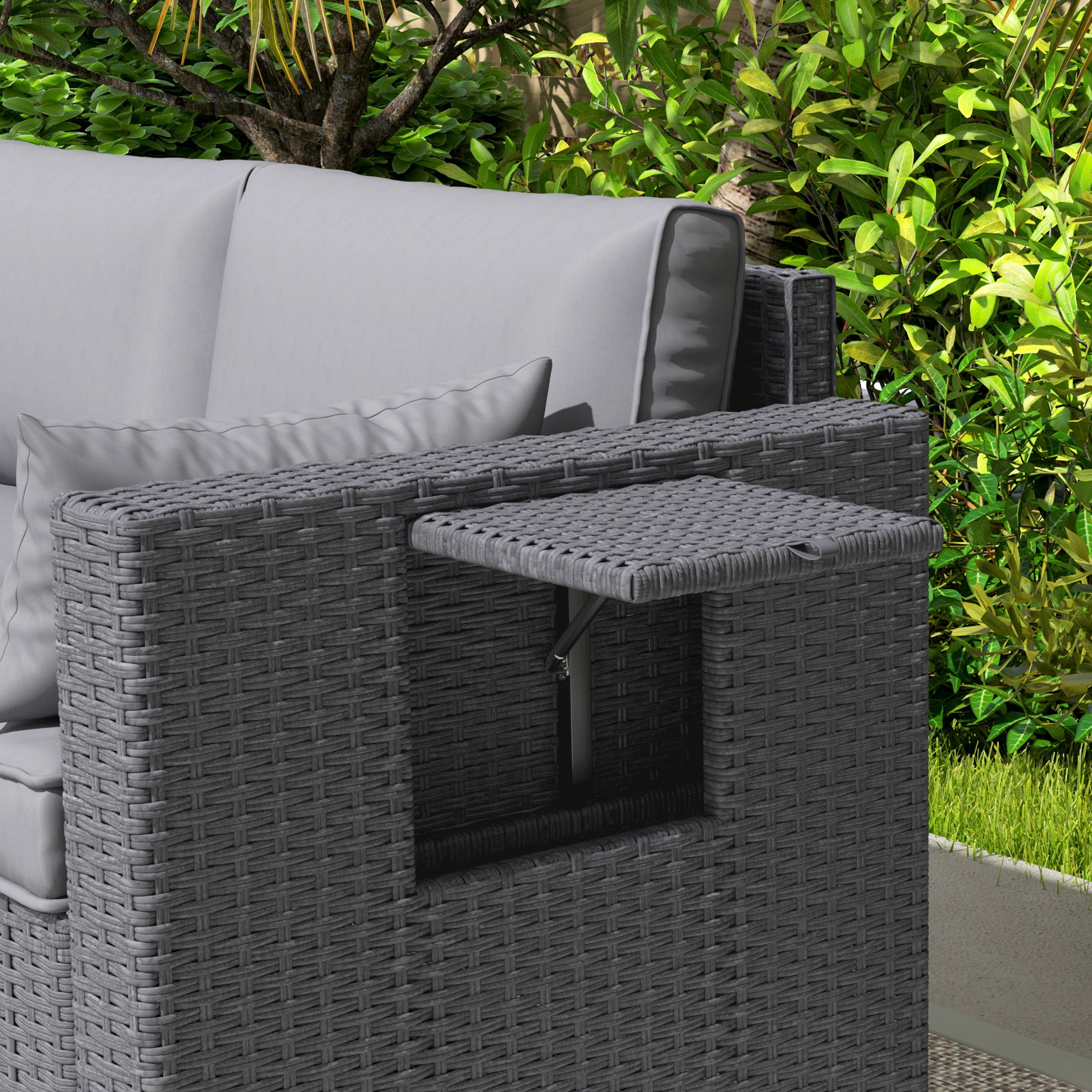 Outsunny 3 Seater Wicker Outdoor Sofa with Side Tray Tables, Poly Rattan Patio Sofa Couch with 6" Thick Back Cushions, Outdoor Couch with Deep Seat, Pillows for Garden, Grey