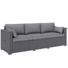 Outsunny 3 Seater Wicker Outdoor Sofa with Side Tray Tables, Poly Rattan Patio Sofa Couch with 6" Thick Back Cushions, Outdoor Couch with Deep Seat, Pillows for Garden, Grey
