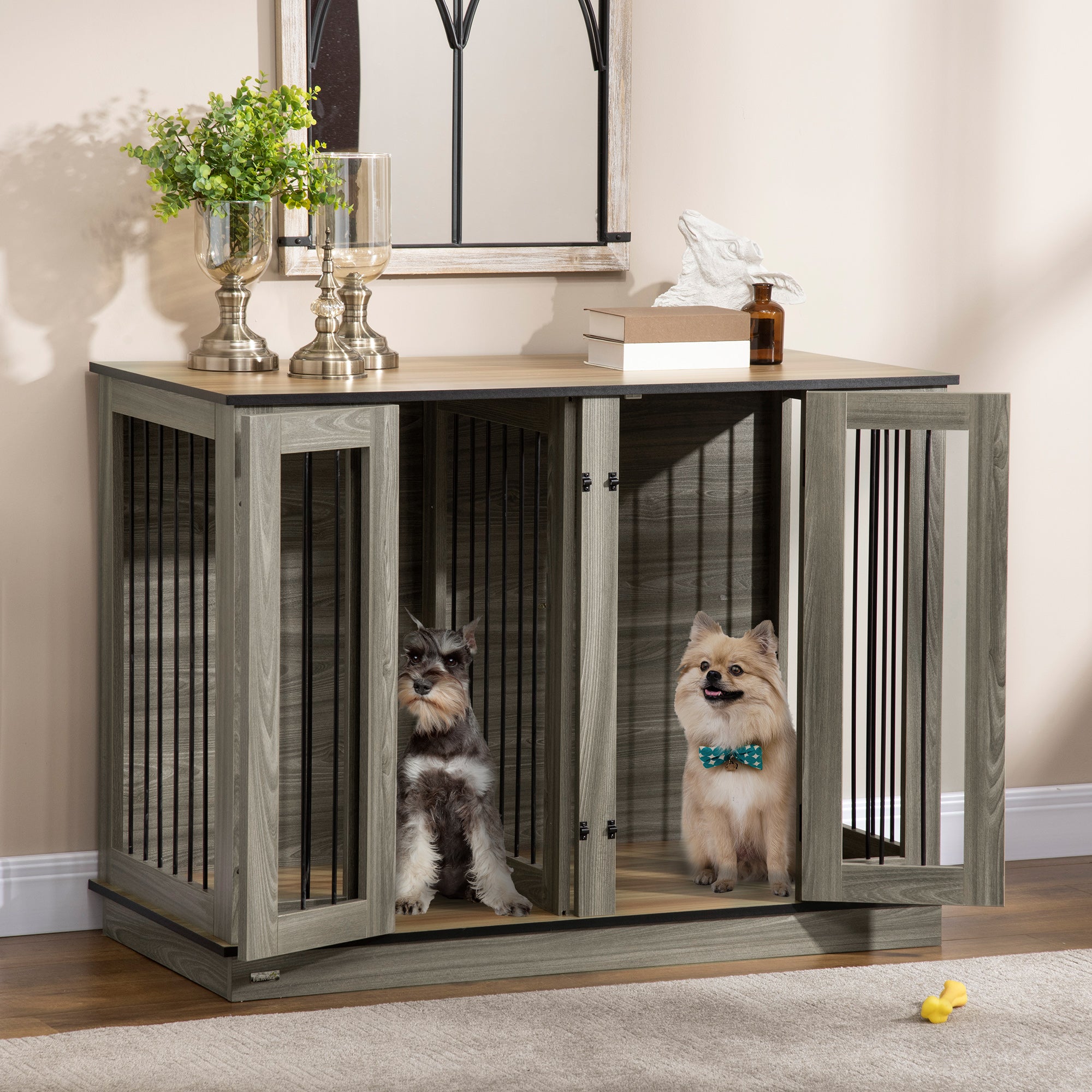 PawHut Furniture Style Dog Crate with Removable Divider, Dog Crate Side End Table Indoor with Double Doors, for Small to Large Dogs, 47" x 23.5" x 35", Dark Walnut