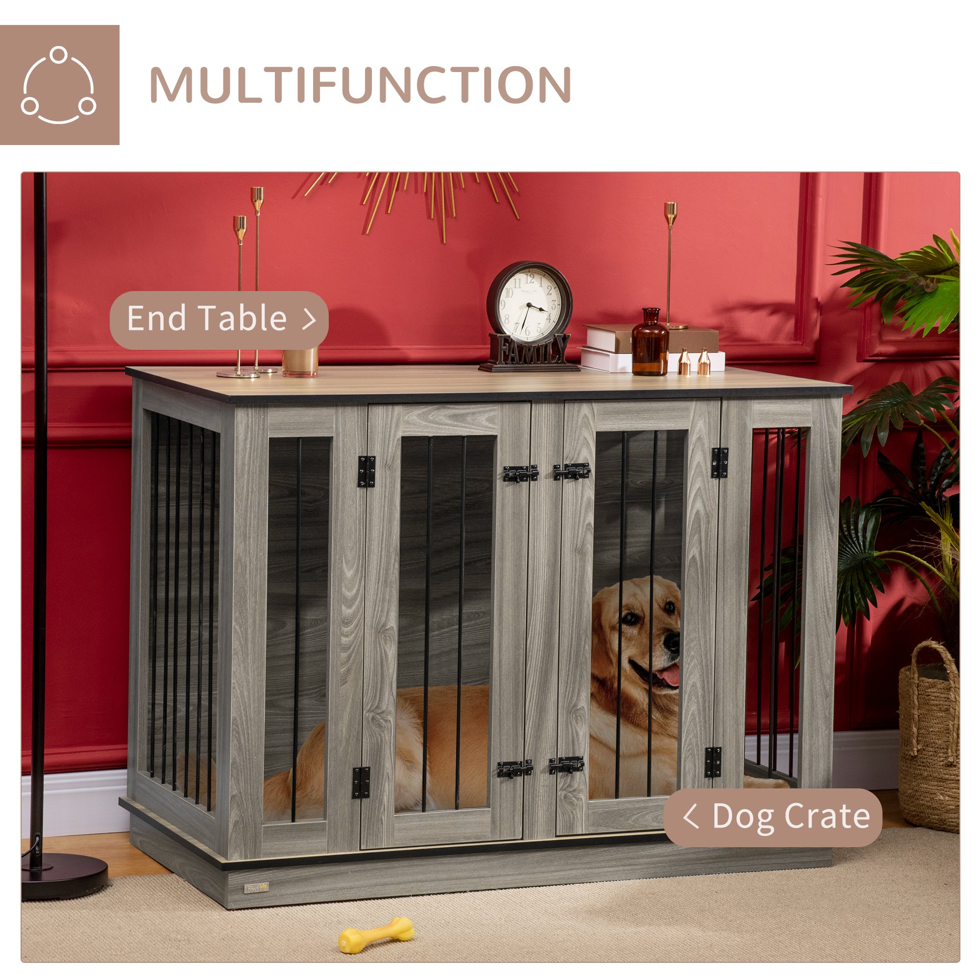 PawHut Furniture Style Dog Crate with Removable Divider, Dog Crate Side End Table Indoor with Double Doors, for Small to Large Dogs, 47" x 23.5" x 35", Dark Walnut