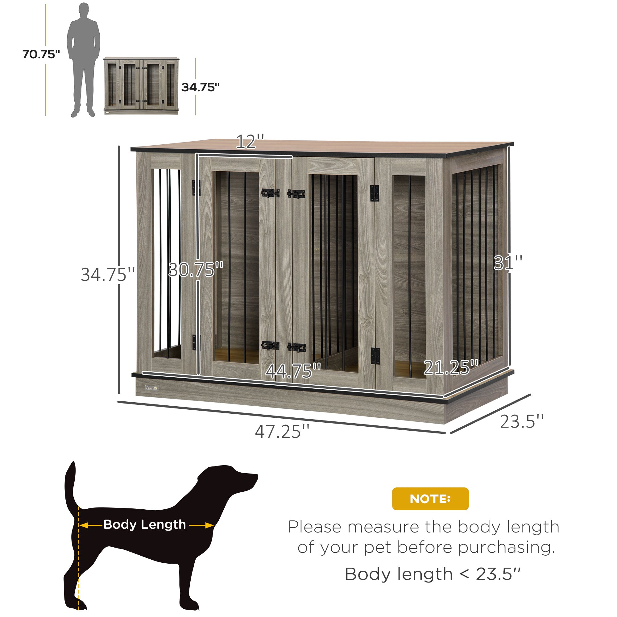 PawHut Furniture Style Dog Crate with Removable Divider, Dog Crate Side End Table Indoor with Double Doors, for Small to Large Dogs, 47" x 23.5" x 35", Dark Walnut