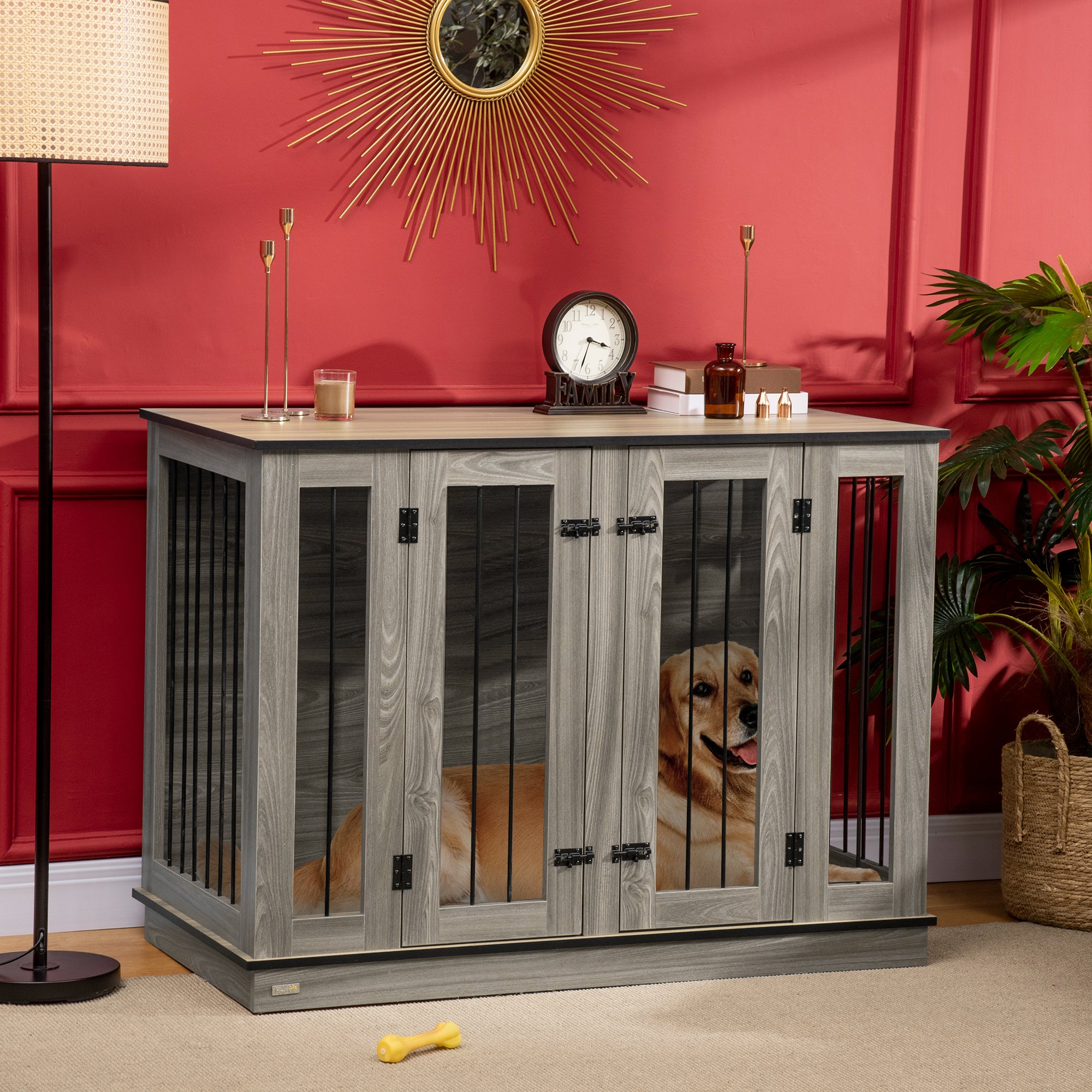 PawHut Furniture Style Dog Crate with Removable Divider, Dog Crate Side End Table Indoor with Double Doors, for Small to Large Dogs, 47" x 23.5" x 35", Dark Walnut