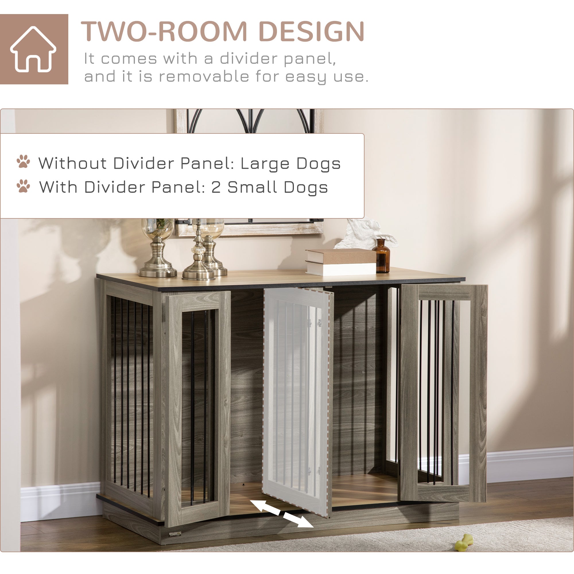 PawHut Furniture Style Dog Crate with Removable Divider, Dog Crate Side End Table Indoor with Double Doors, for Small to Large Dogs, 47" x 23.5" x 35", Dark Walnut