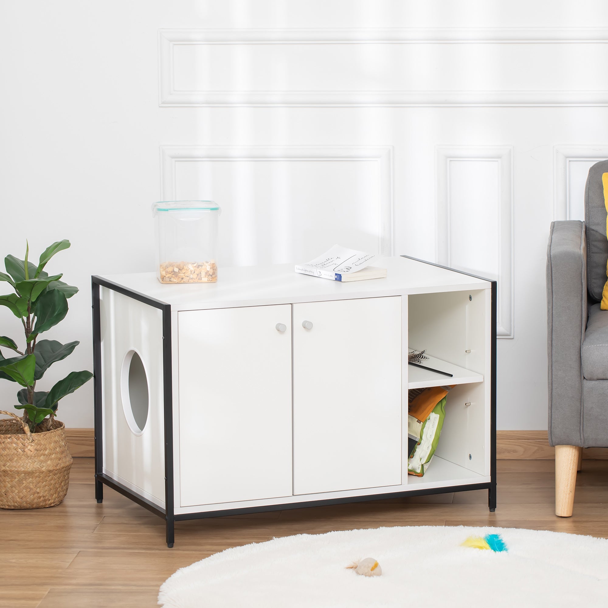 PawHut Large Cat Litter Box Enclosure, Litter Box Furniture Hidden with Magnetic Doors & Storage Shelves, Wooden Cat Washroom Indoor, 33" L x 20" W x 22" H, White