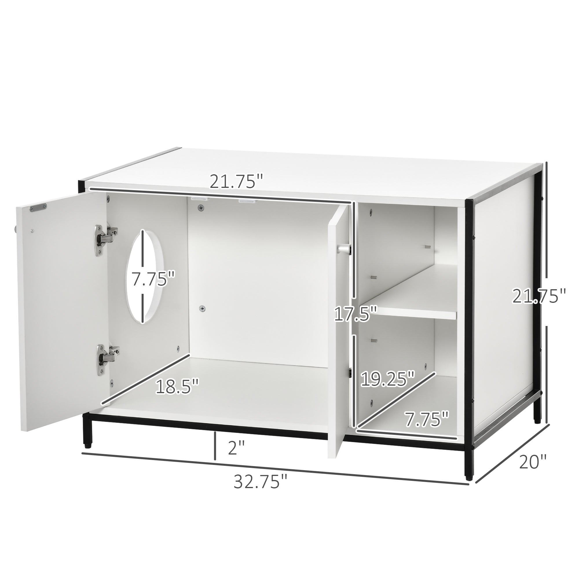 PawHut Large Cat Litter Box Enclosure, Litter Box Furniture Hidden with Magnetic Doors & Storage Shelves, Wooden Cat Washroom Indoor, 33" L x 20" W x 22" H, White