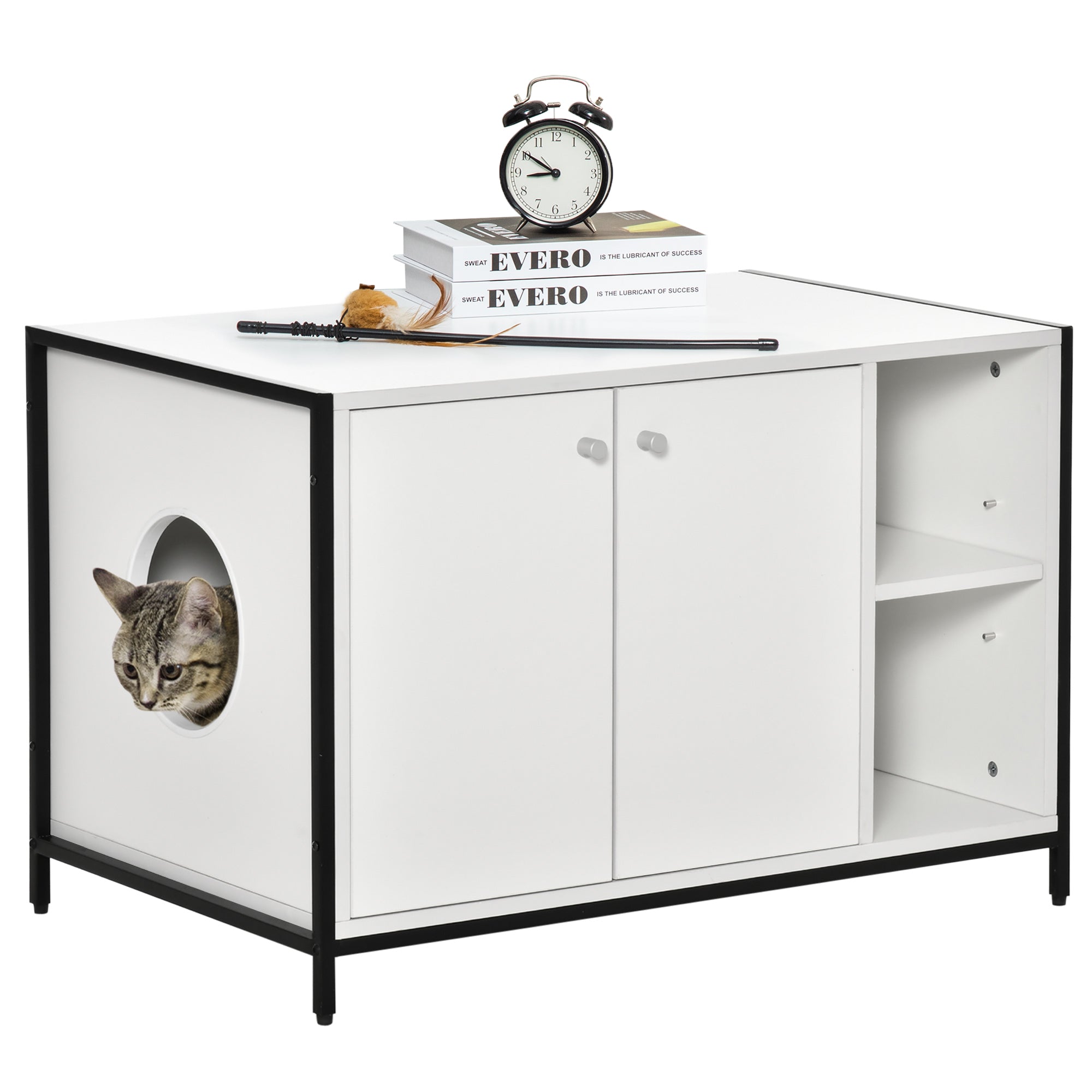 PawHut Large Cat Litter Box Enclosure, Litter Box Furniture Hidden with Magnetic Doors & Storage Shelves, Wooden Cat Washroom Indoor, 33" L x 20" W x 22" H, White