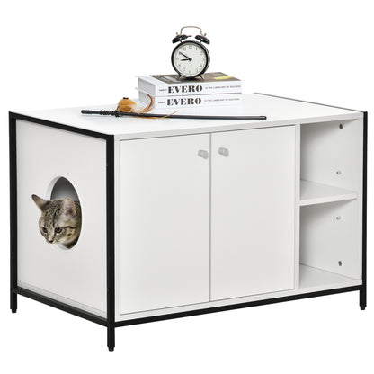 PawHut Large Cat Litter Box Enclosure, Litter Box Furniture Hidden with Magnetic Doors & Storage Shelves, Wooden Cat Washroom Indoor, 33" L x 20" W x 22" H, White