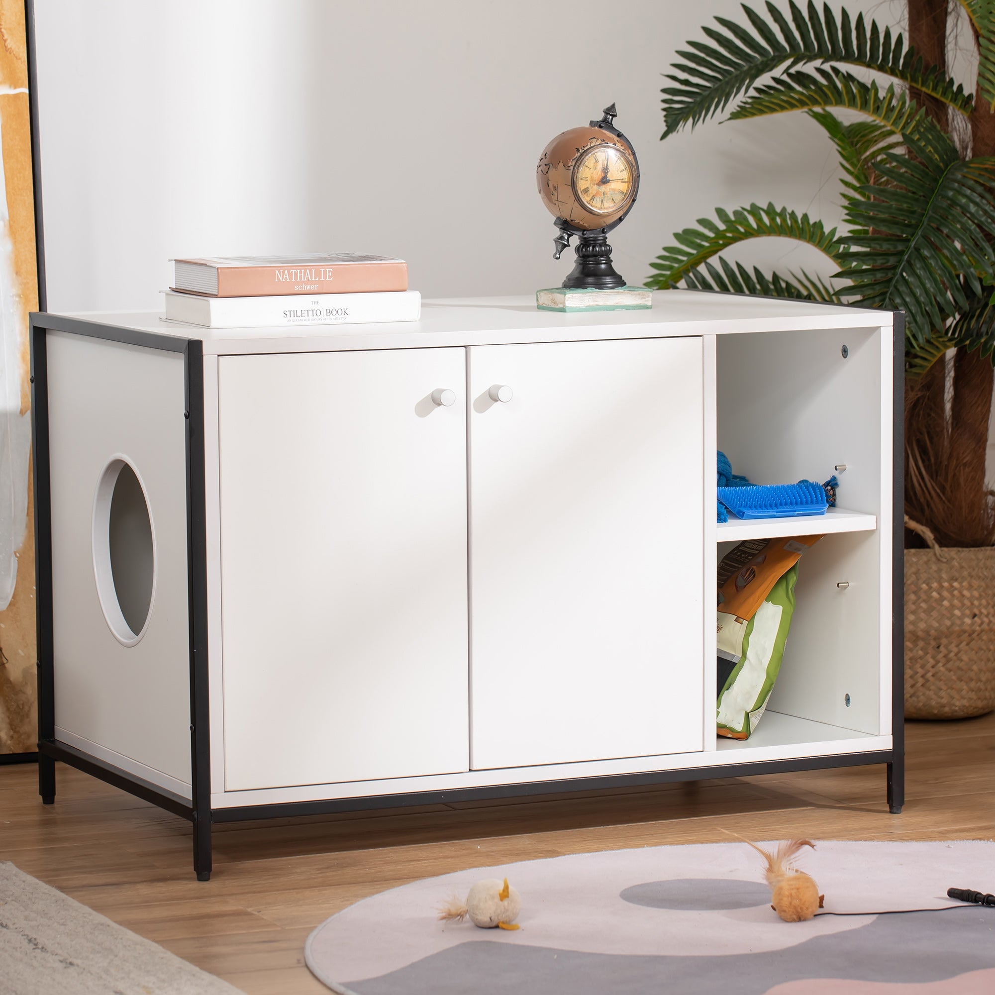 PawHut Large Cat Litter Box Enclosure, Litter Box Furniture Hidden with Magnetic Doors & Storage Shelves, Wooden Cat Washroom Indoor, 33" L x 20" W x 22" H, White