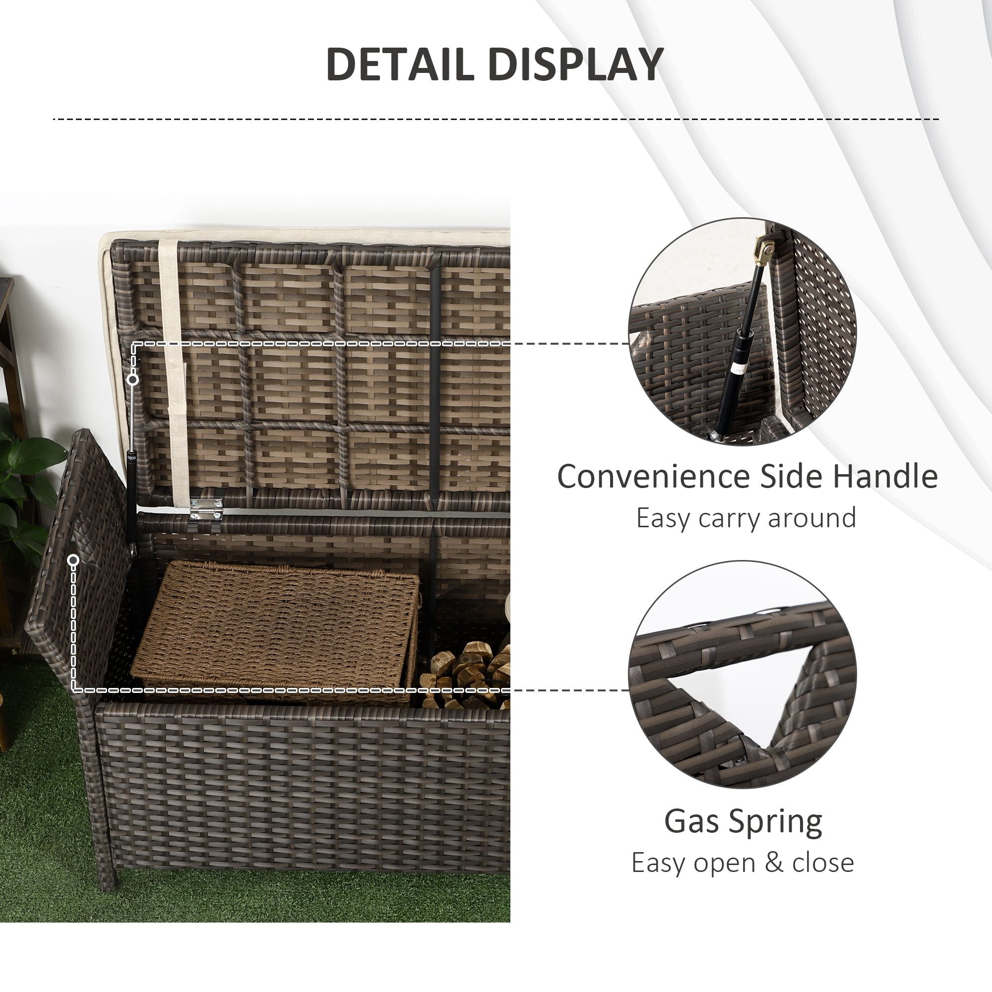 Outsunny 2-In-1 Patio Wicker Storage Bench, 27 Gallon Outdoor PE Rattan Patio Furniture, Large Capacity Rectangle Basket Box with Handles and Cushion, Red