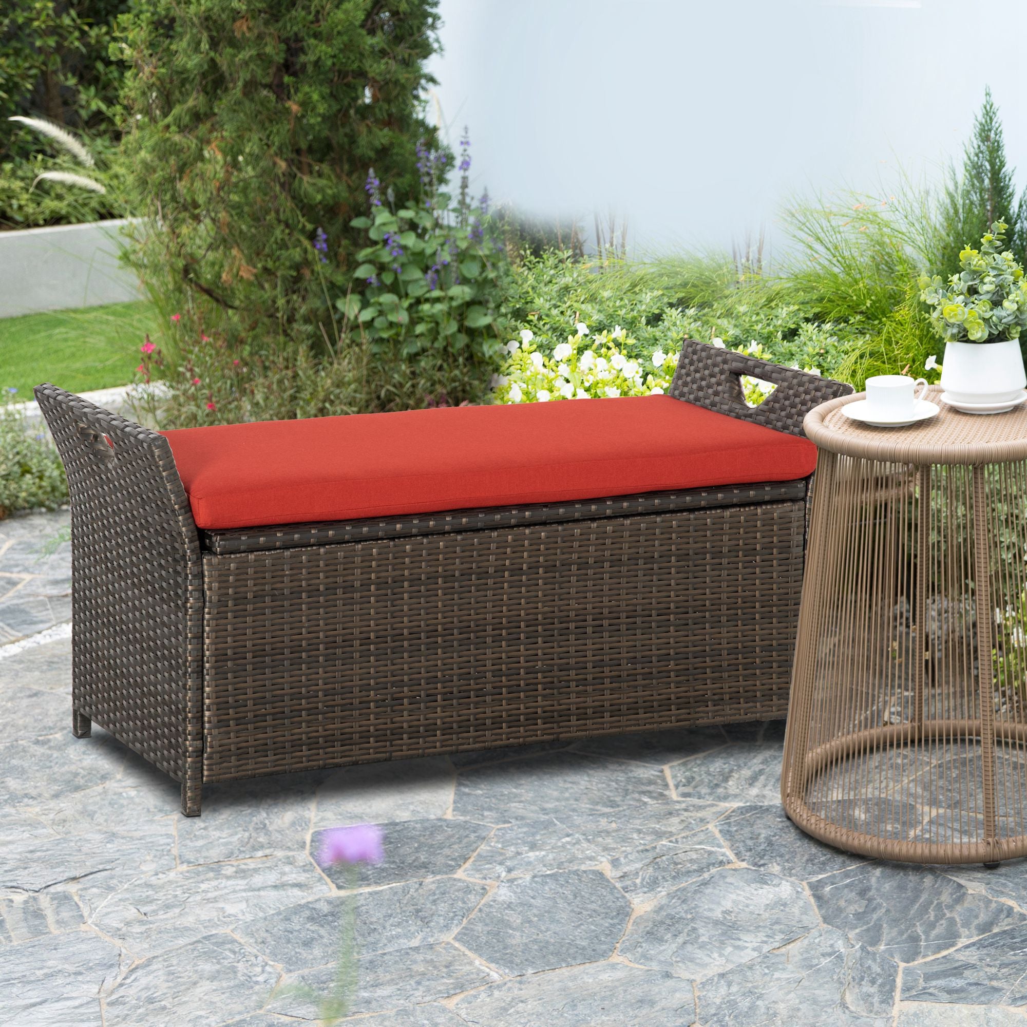 Outsunny 2-In-1 Patio Wicker Storage Bench, 27 Gallon Outdoor PE Rattan Patio Furniture, Large Capacity Rectangle Basket Box with Handles and Cushion, Red