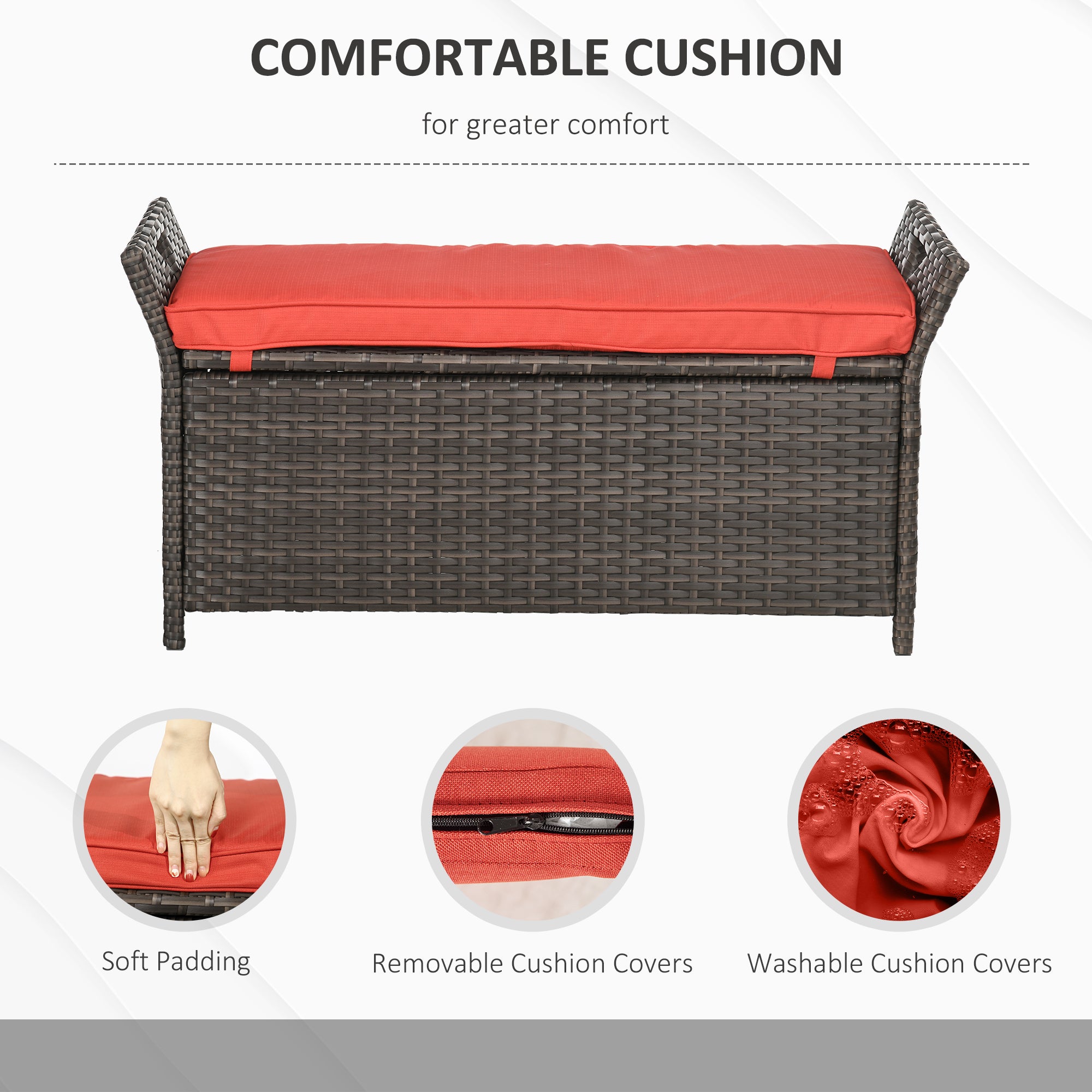 Outsunny 2-In-1 Patio Wicker Storage Bench, 27 Gallon Outdoor PE Rattan Patio Furniture, Large Capacity Rectangle Basket Box with Handles and Cushion, Red