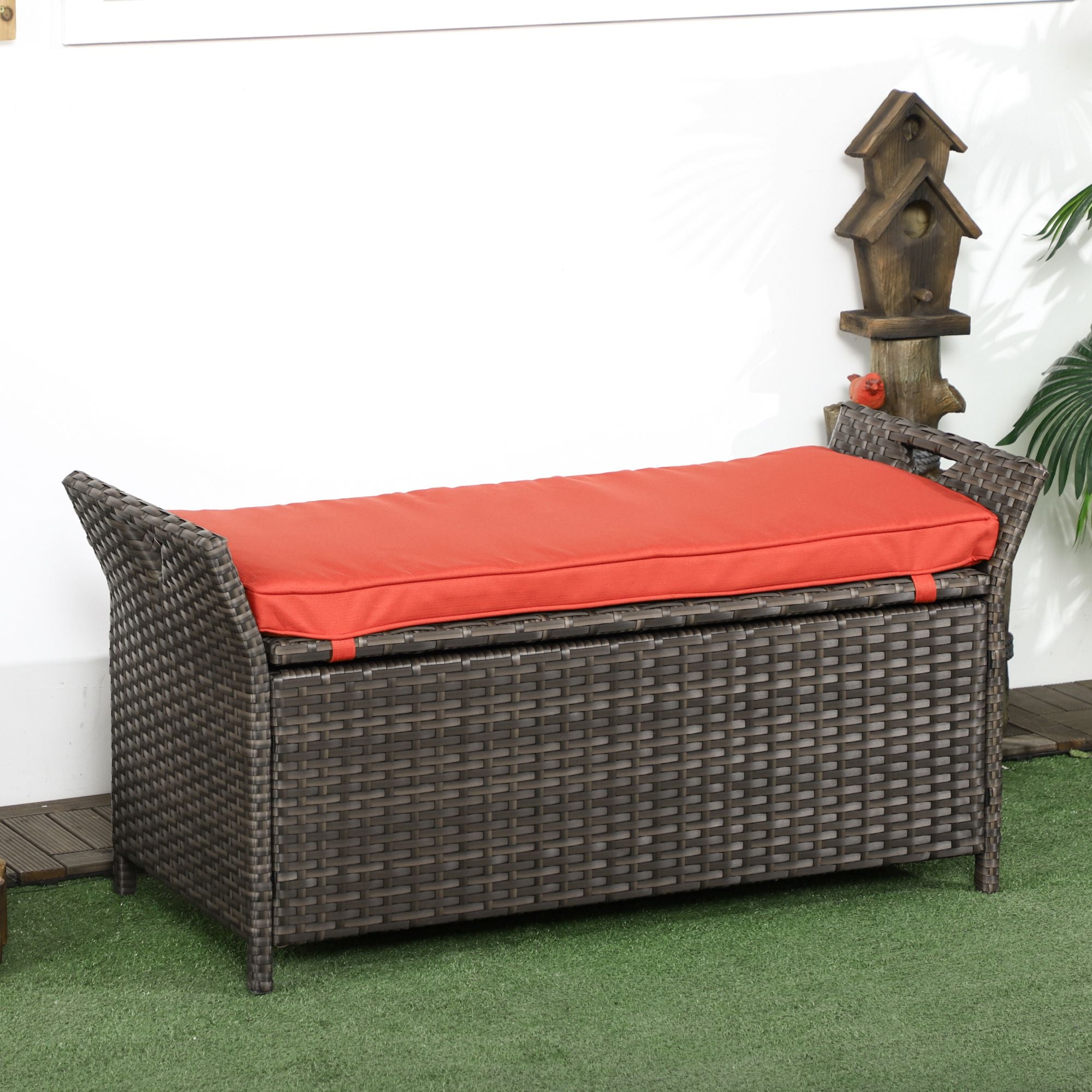 Outsunny 2-In-1 Patio Wicker Storage Bench, 27 Gallon Outdoor PE Rattan Patio Furniture, Large Capacity Rectangle Basket Box with Handles and Cushion, Red