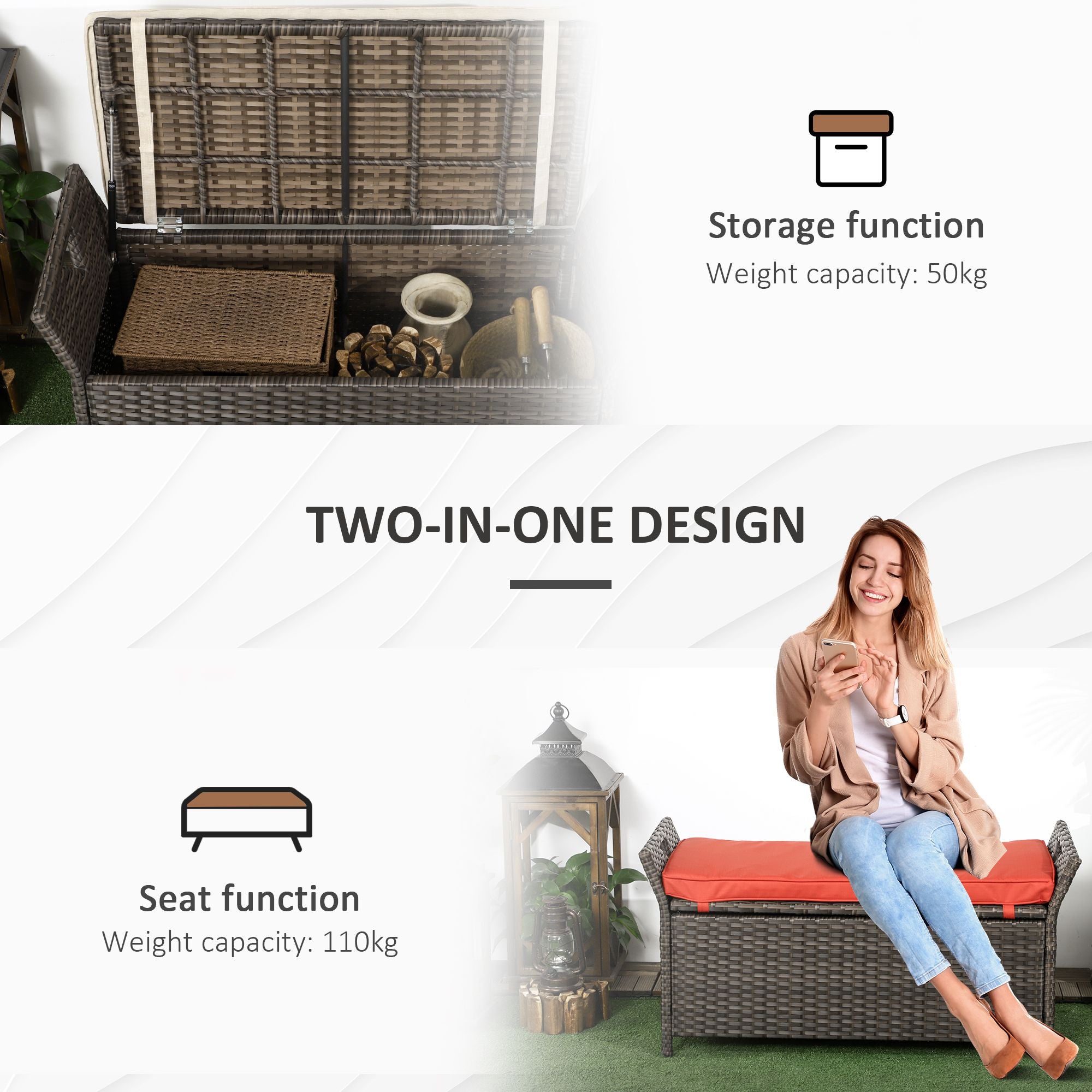 Outsunny 2-In-1 Patio Wicker Storage Bench, 27 Gallon Outdoor PE Rattan Patio Furniture, Large Capacity Rectangle Basket Box with Handles and Cushion, Red