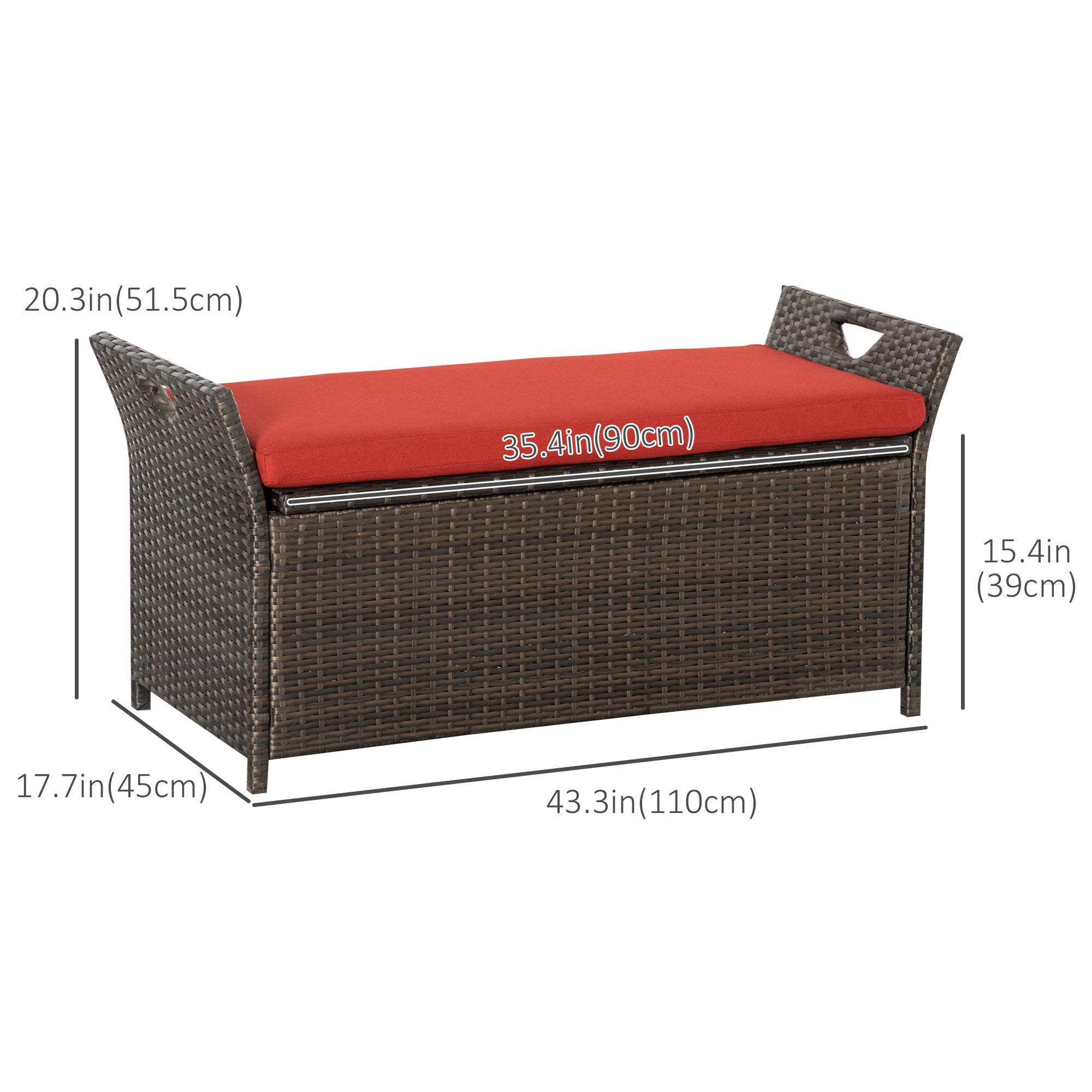 Outsunny 2-In-1 Patio Wicker Storage Bench, 27 Gallon Outdoor PE Rattan Patio Furniture, Large Capacity Rectangle Basket Box with Handles and Cushion, Red