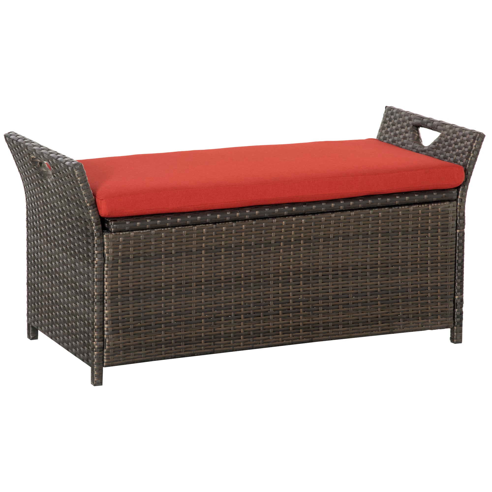 Outsunny 2-In-1 Patio Wicker Storage Bench, 27 Gallon Outdoor PE Rattan Patio Furniture, Large Capacity Rectangle Basket Box with Handles and Cushion, Red
