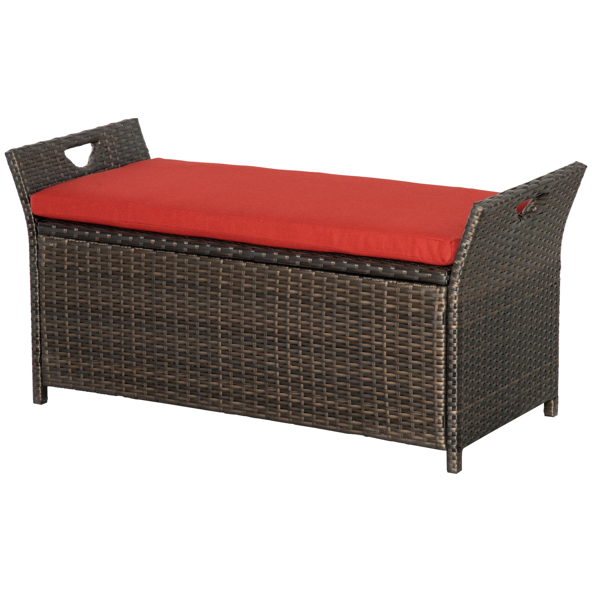 Outsunny 2-In-1 Patio Wicker Storage Bench, 27 Gallon Outdoor PE Rattan Patio Furniture, Large Capacity Rectangle Basket Box with Handles and Cushion, Red