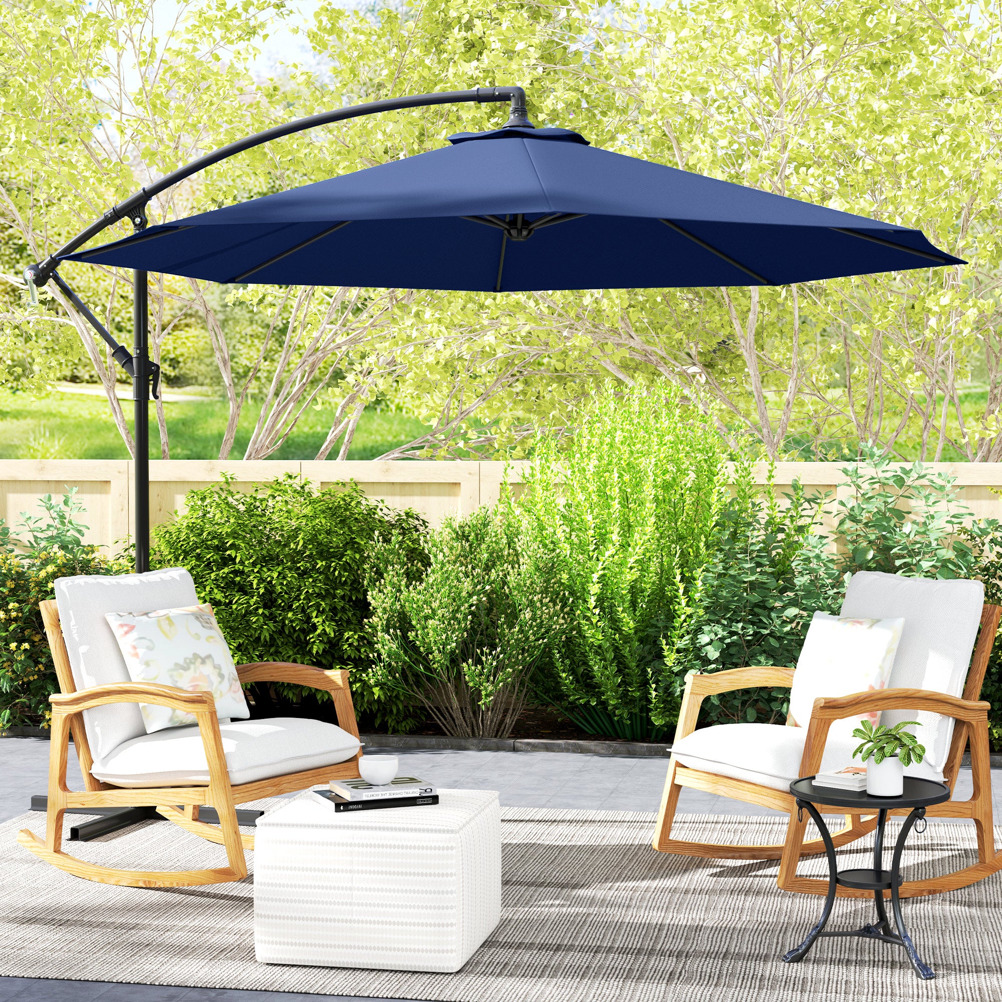 Outsunny 10' Deluxe Patio Umbrella, Outdoor Market Parasol, Banana Hanging Offset Sunshade with Crank, Cross Base, Navy Blue