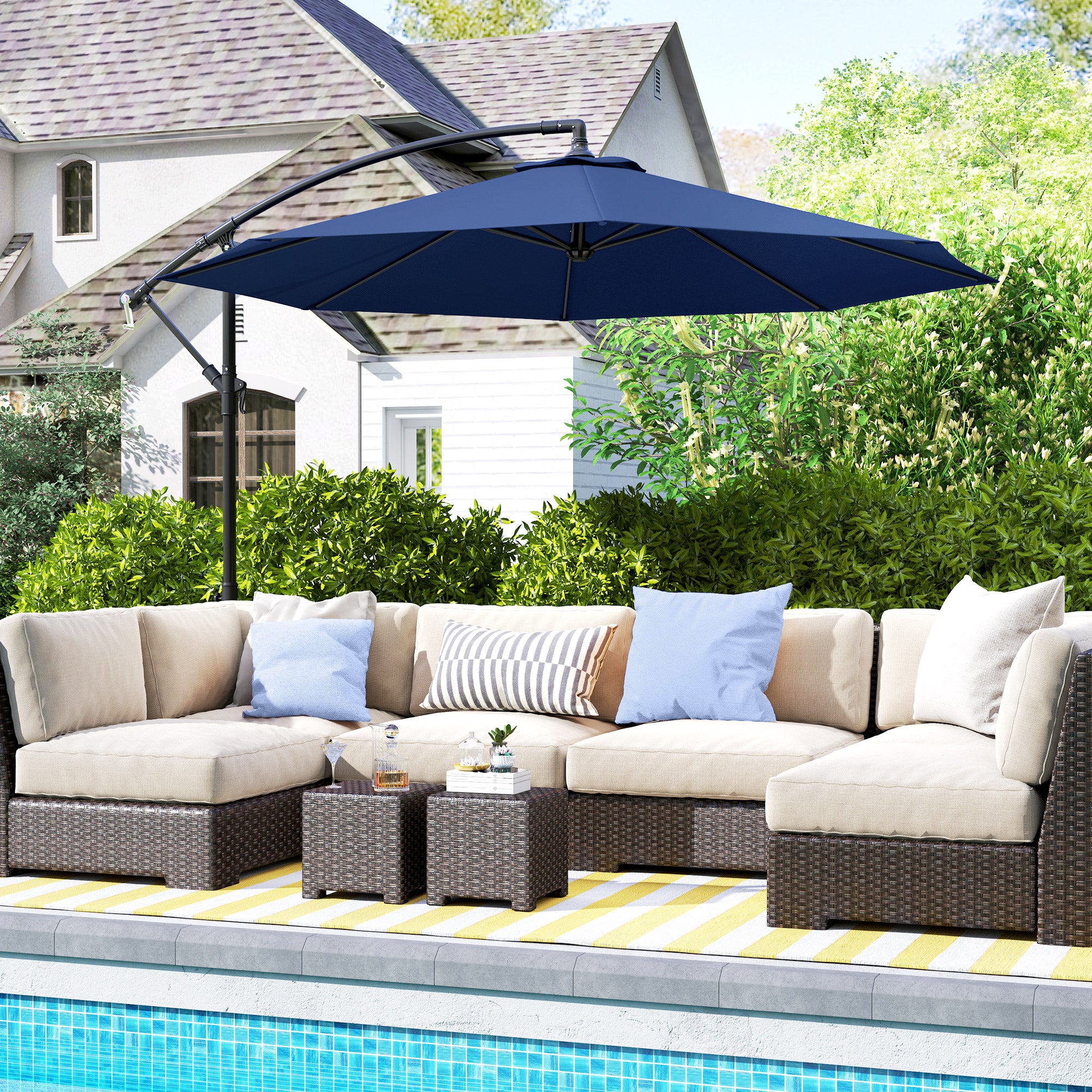 Outsunny 10' Deluxe Patio Umbrella, Outdoor Market Parasol, Banana Hanging Offset Sunshade with Crank, Cross Base, Navy Blue