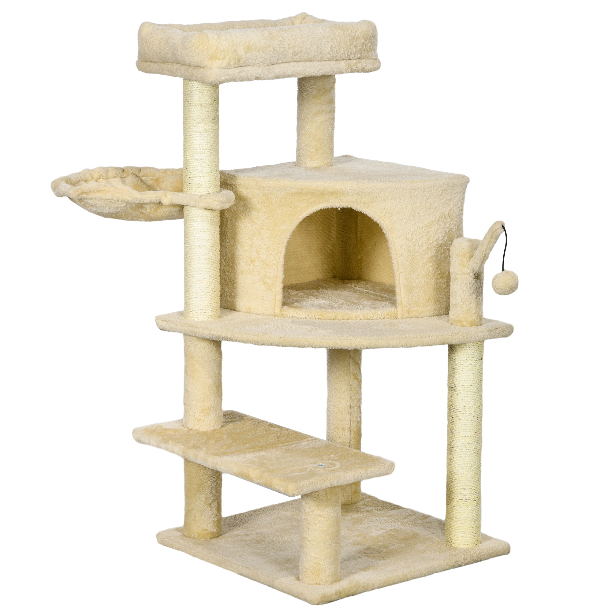 PawHut Cat Tree Tower for Indoor Cats Cat Scratching Post 100cm Climbing Frame Kitten Activity Centre with Sisal Condo Hammock Bed Hanging Toy, Cream White