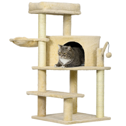 PawHut Cat Tree Tower for Indoor Cats Cat Scratching Post 100cm Climbing Frame Kitten Activity Centre with Sisal Condo Hammock Bed Hanging Toy, Cream White