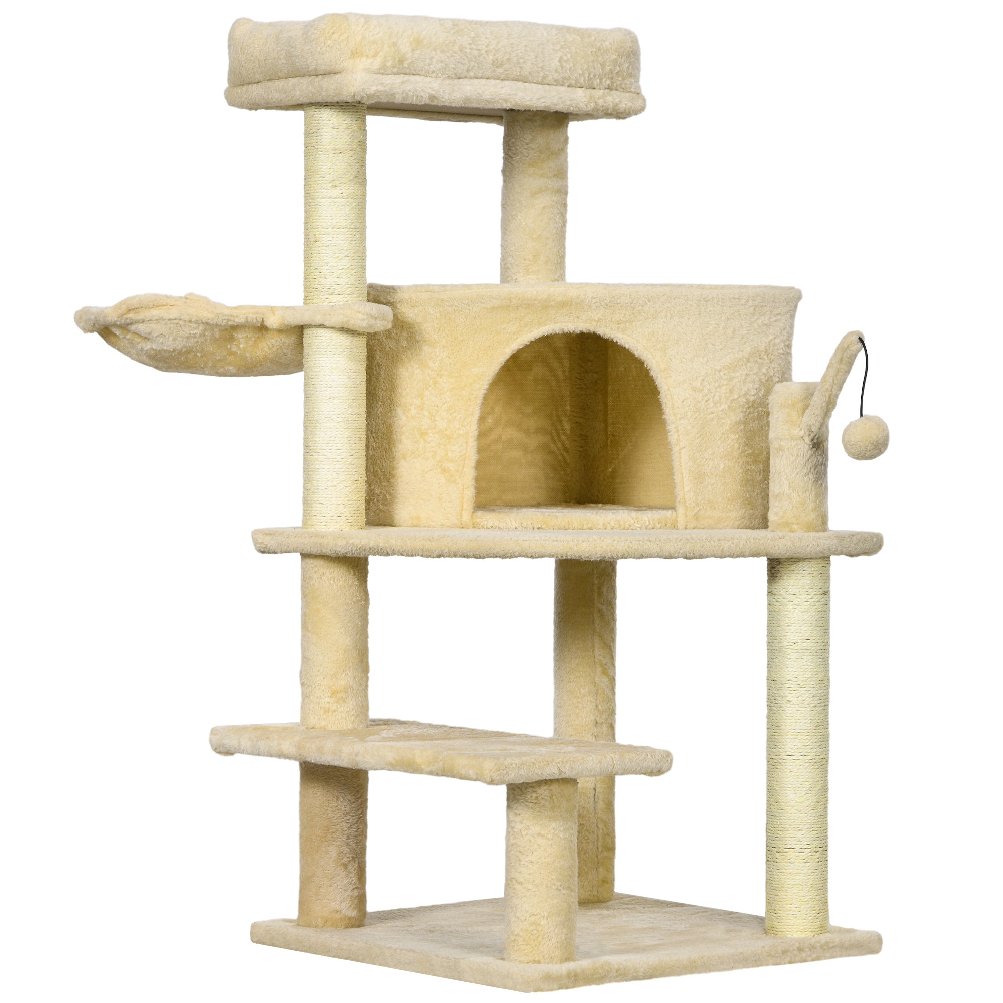 PawHut Cat Tree Tower for Indoor Cats Cat Scratching Post 100cm Climbing Frame Kitten Activity Centre with Sisal Condo Hammock Bed Hanging Toy, Cream White