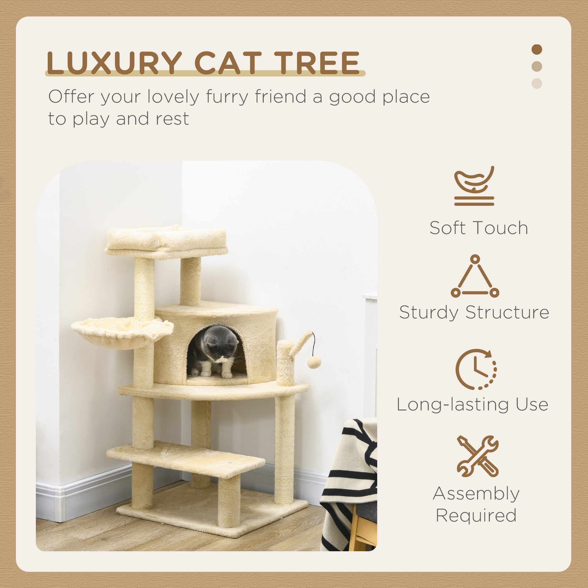 PawHut Cat Tree Tower for Indoor Cats Cat Scratching Post 100cm Climbing Frame Kitten Activity Centre with Sisal Condo Hammock Bed Hanging Toy, Cream White