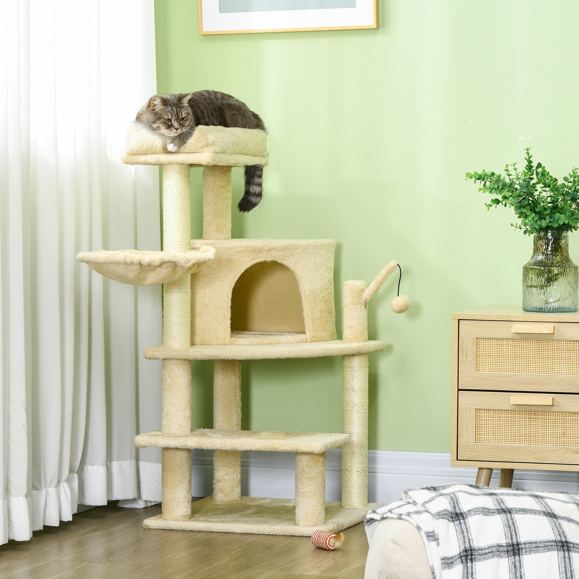 PawHut Cat Tree Tower for Indoor Cats Cat Scratching Post 100cm Climbing Frame Kitten Activity Centre with Sisal Condo Hammock Bed Hanging Toy, Cream White