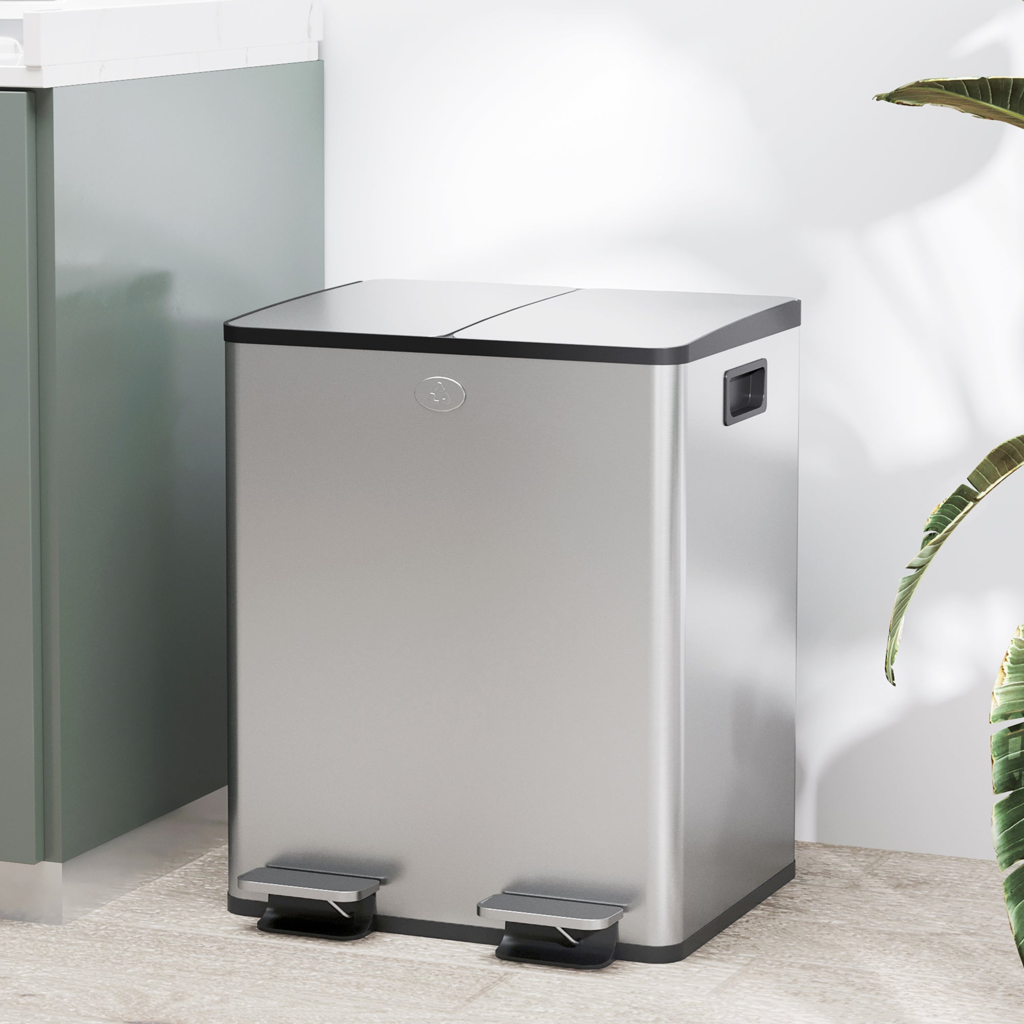 HOMCOM Dual Kitchen Garbage Bin, 2 x 5 Gallon (2 x 20 L) Trash Can with Foot Pedal, Soft-Close Garbage Can with Removable Inner Buckets, Fingerprint-Proof for Kitchen, Silver