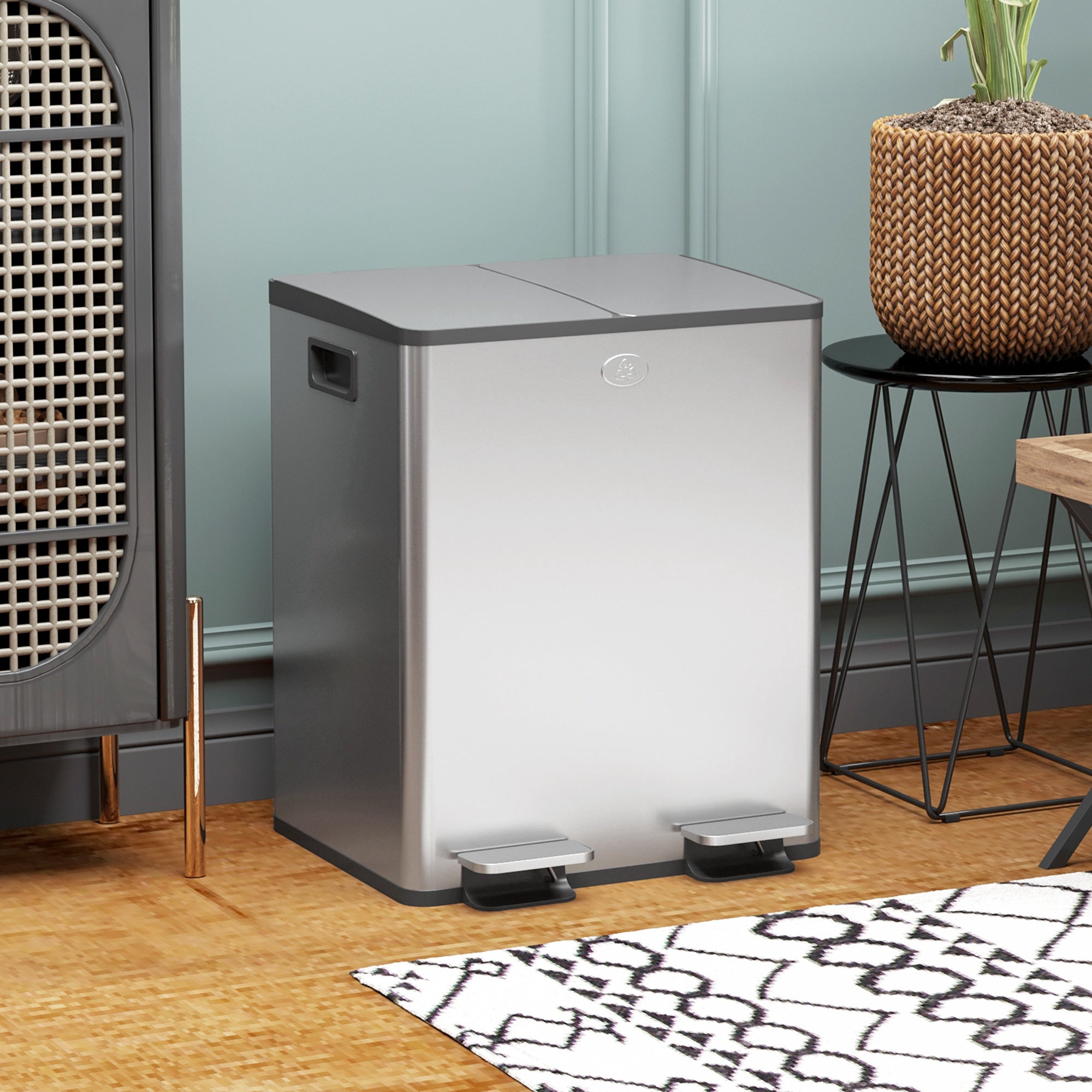 HOMCOM Dual Kitchen Garbage Bin, 2 x 5 Gallon (2 x 20 L) Trash Can with Foot Pedal, Soft-Close Garbage Can with Removable Inner Buckets, Fingerprint-Proof for Kitchen, Silver