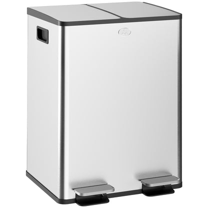 HOMCOM Dual Kitchen Garbage Bin, 2 x 5 Gallon (2 x 20 L) Trash Can with Foot Pedal, Soft-Close Garbage Can with Removable Inner Buckets, Fingerprint-Proof for Kitchen, Silver