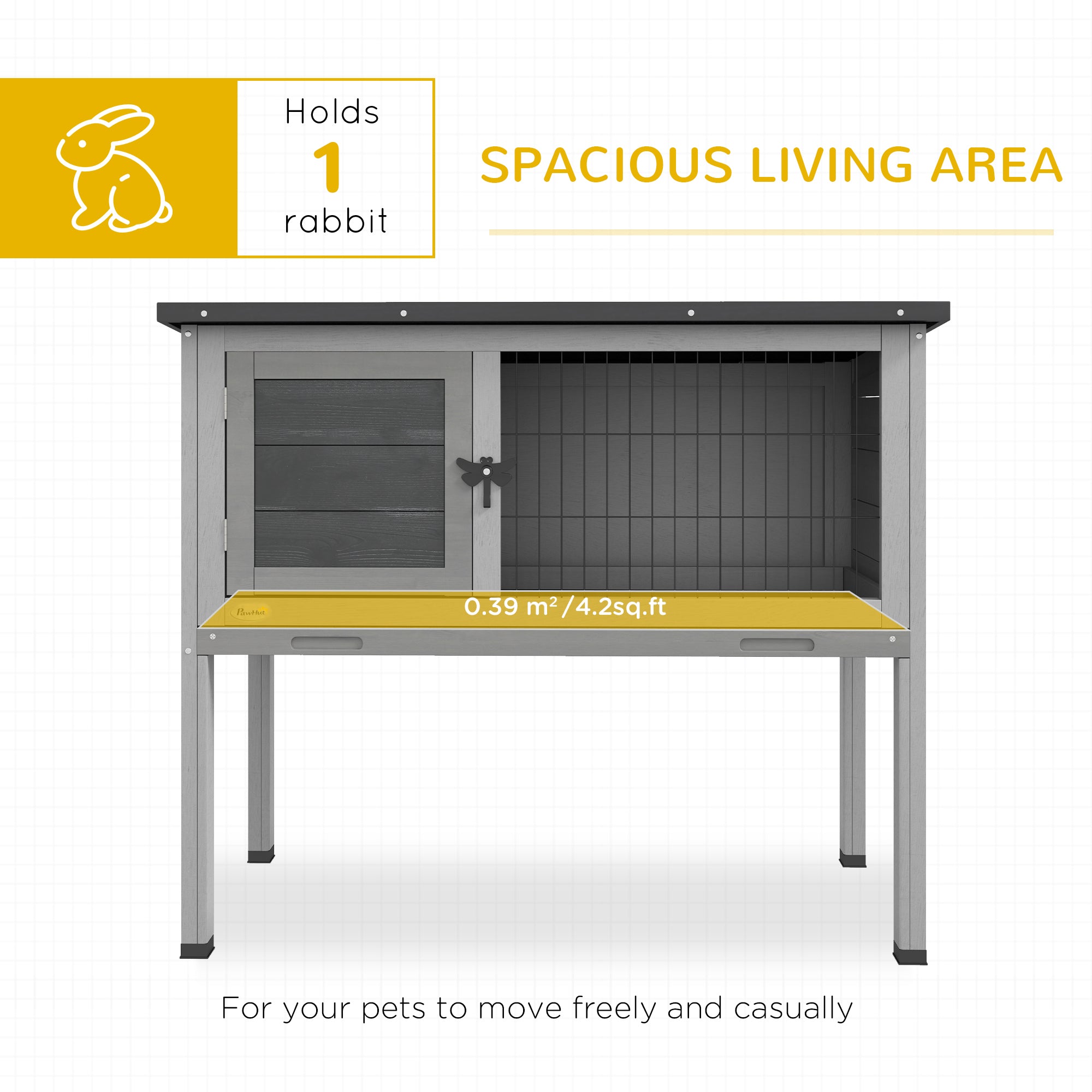 Pawhut Wooden Guinea Pig Hutch Bunny Cage Backyard Built in Tray Openable Asphalt Roof Small Animal House 86 x 45 x 70 cm Grey