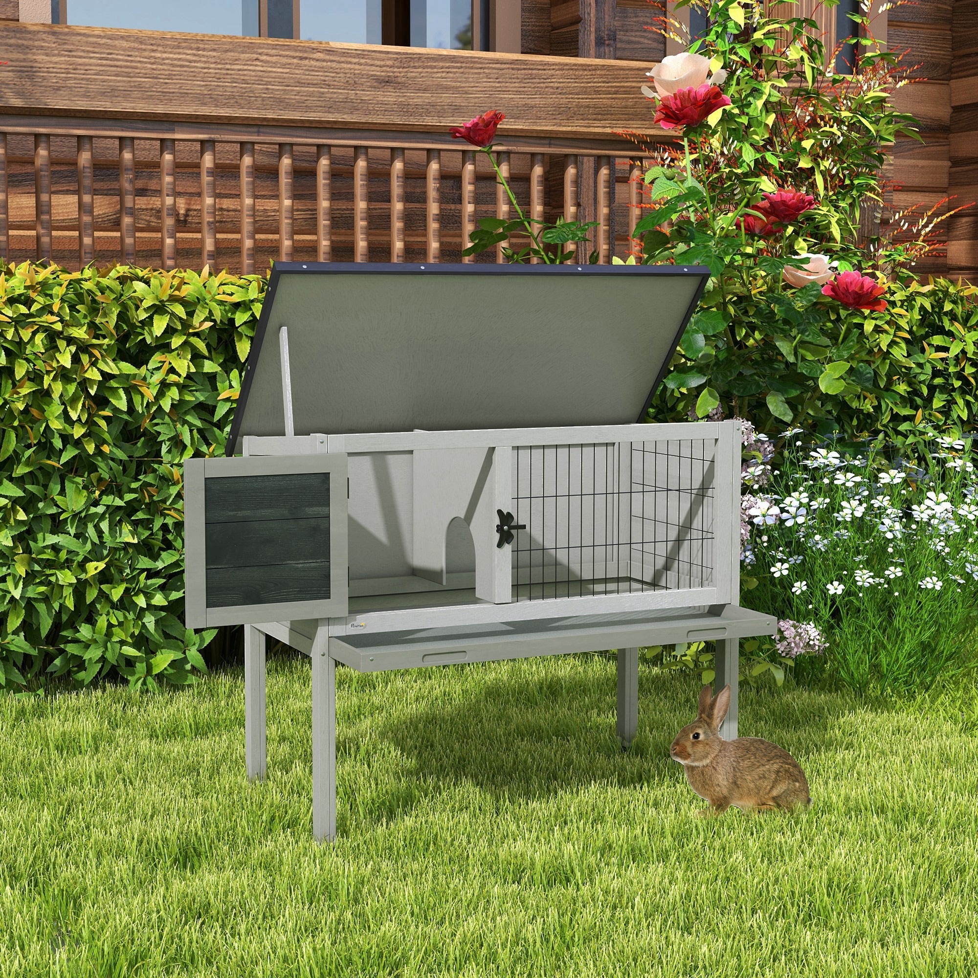 Pawhut Wooden Guinea Pig Hutch Bunny Cage Backyard Built in Tray Openable Asphalt Roof Small Animal House 86 x 45 x 70 cm Grey