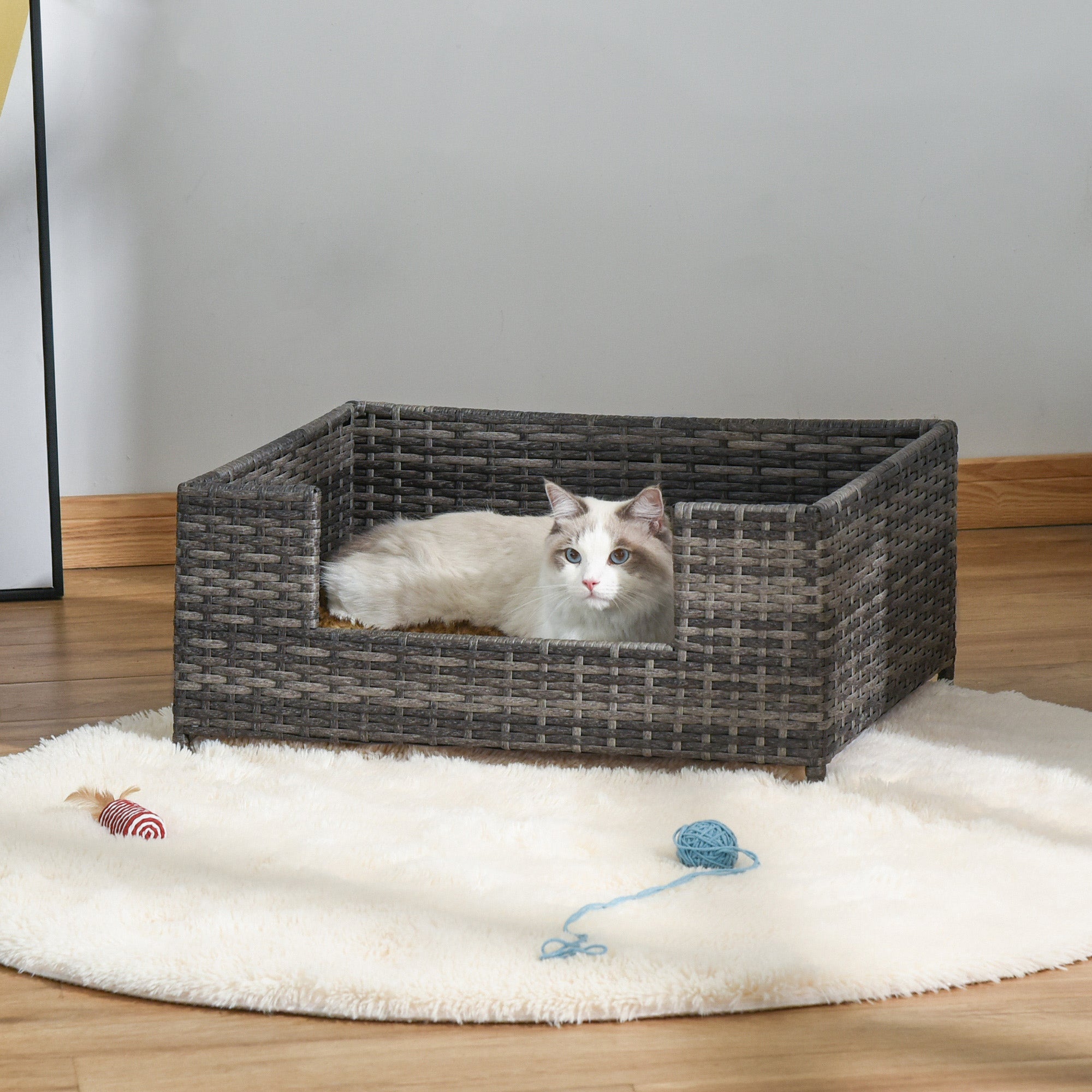 PawHut Rattan Dog Sofa with Soft Cushion, Raised Pet Bed Cat Chair Couch with Soft Washable Cushion, Indoor Outdoor Use, for Mini and Small Sized Dogs - Grey
