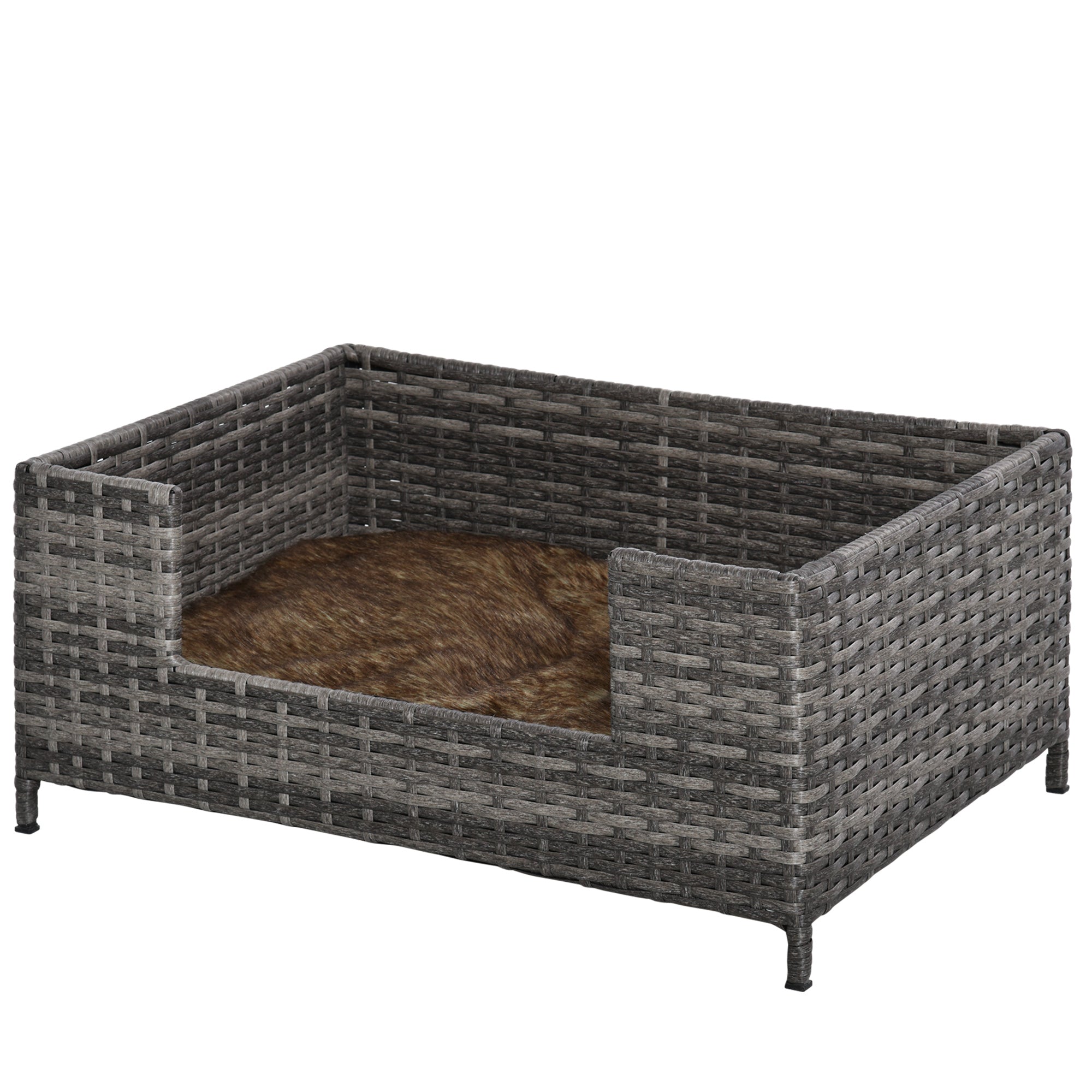PawHut Rattan Dog Sofa with Soft Cushion, Raised Pet Bed Cat Chair Couch with Soft Washable Cushion, Indoor Outdoor Use, for Mini and Small Sized Dogs - Grey