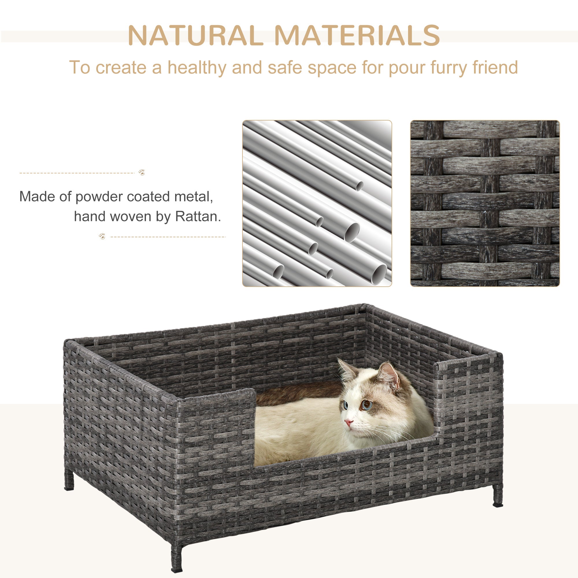PawHut Rattan Dog Sofa with Soft Cushion, Raised Pet Bed Cat Chair Couch with Soft Washable Cushion, Indoor Outdoor Use, for Mini and Small Sized Dogs - Grey
