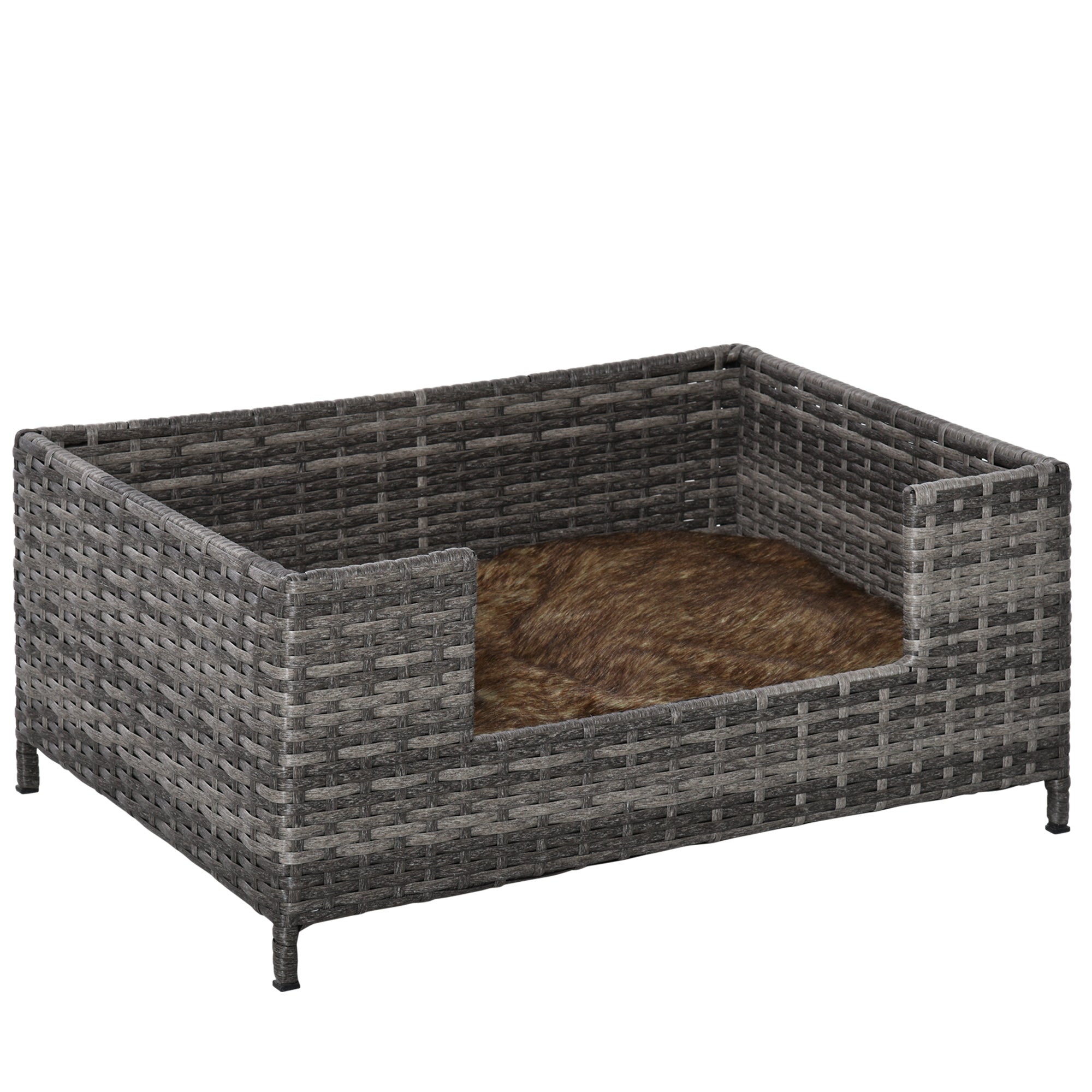 PawHut Rattan Dog Sofa with Soft Cushion, Raised Pet Bed Cat Chair Couch with Soft Washable Cushion, Indoor Outdoor Use, for Mini and Small Sized Dogs - Grey