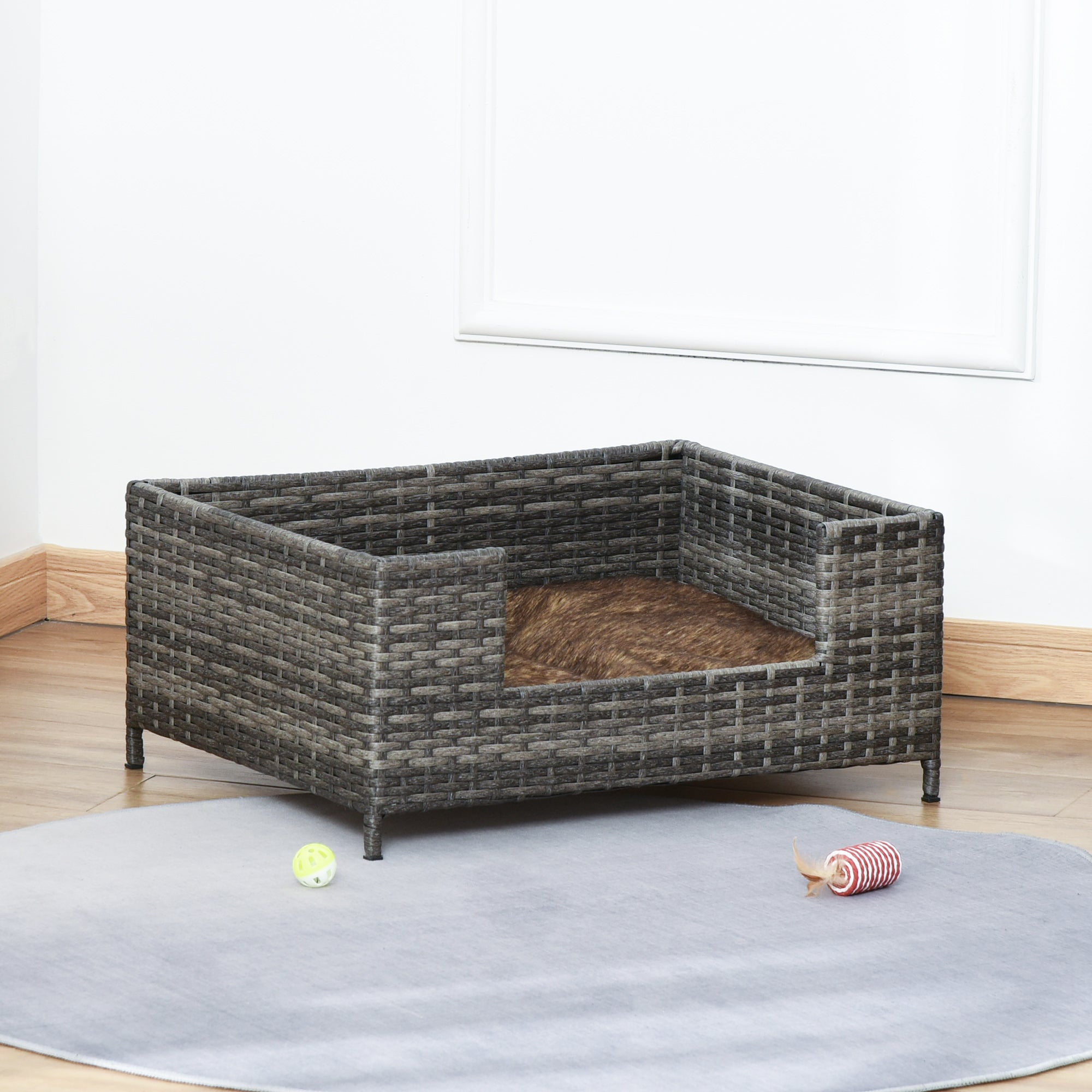PawHut Rattan Dog Sofa with Soft Cushion, Raised Pet Bed Cat Chair Couch with Soft Washable Cushion, Indoor Outdoor Use, for Mini and Small Sized Dogs - Grey