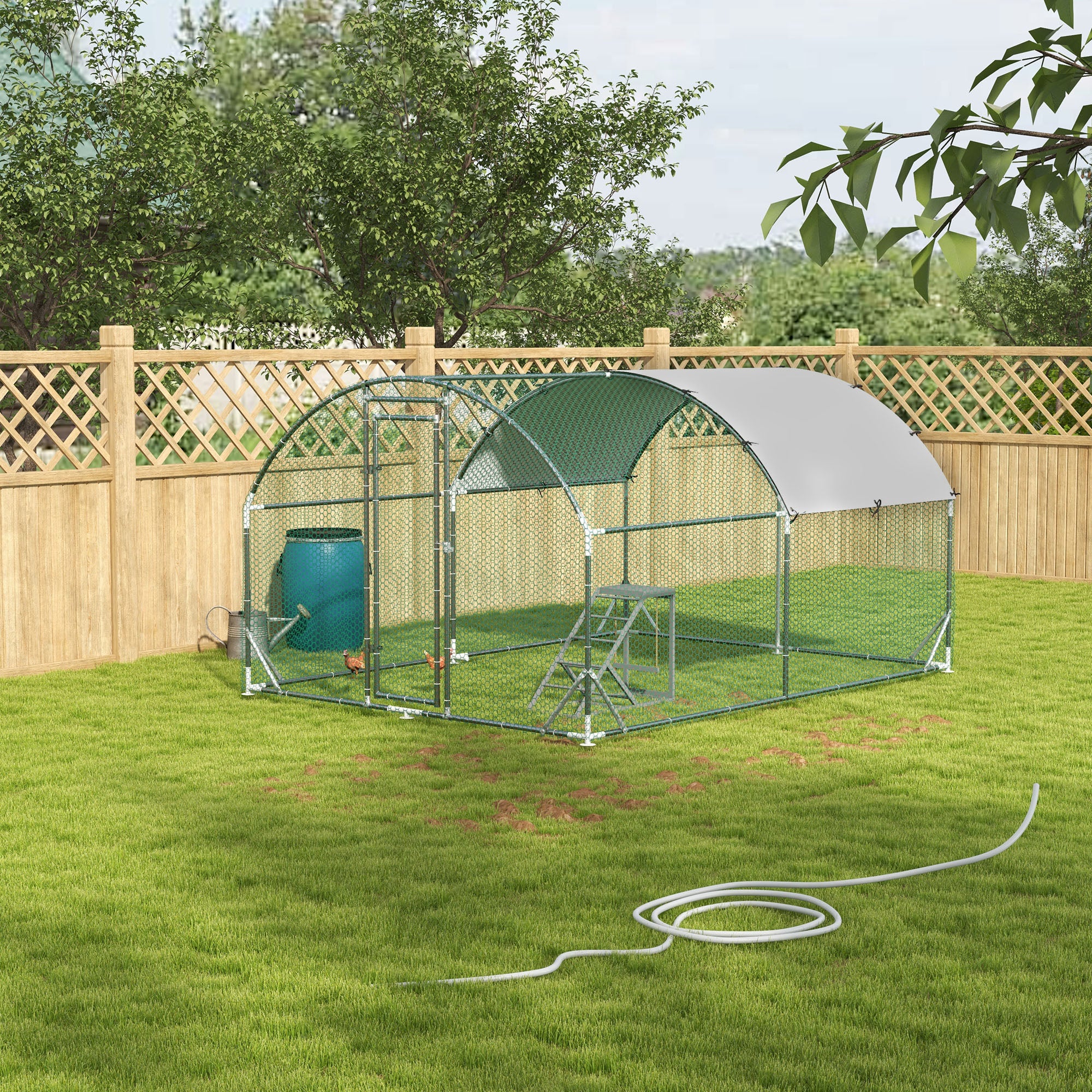 PawHut Walk-In Chicken Run, Metal Chicken Coop with Cover, Outdoor Hen Poultry House Cage with Chicken Activity Shelf, for Chickens, Rabbits, Ducks, 2.8 x 3.8 x 2m