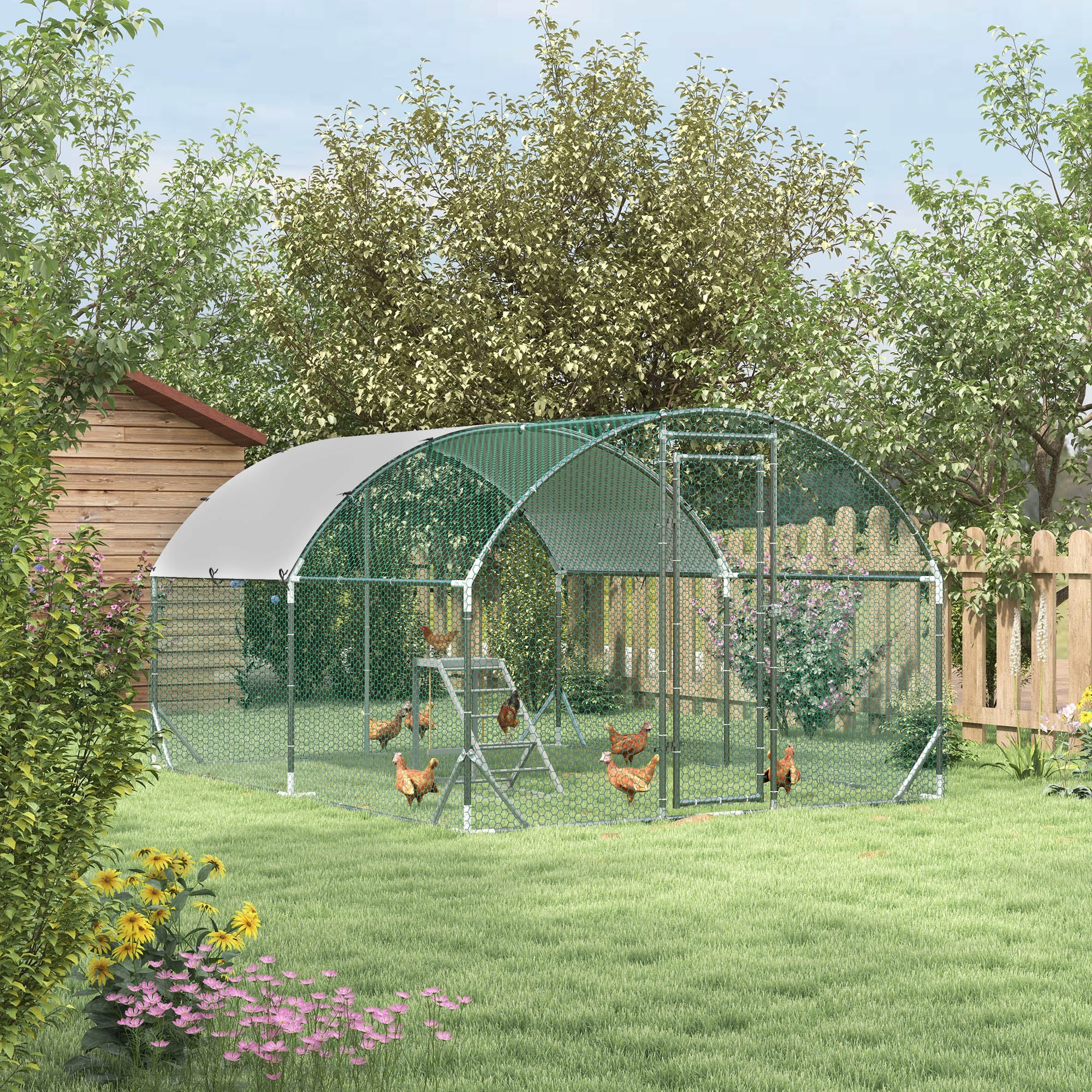 PawHut Walk-In Chicken Run, Metal Chicken Coop with Cover, Outdoor Hen Poultry House Cage with Chicken Activity Shelf, for Chickens, Rabbits, Ducks, 2.8 x 3.8 x 2m
