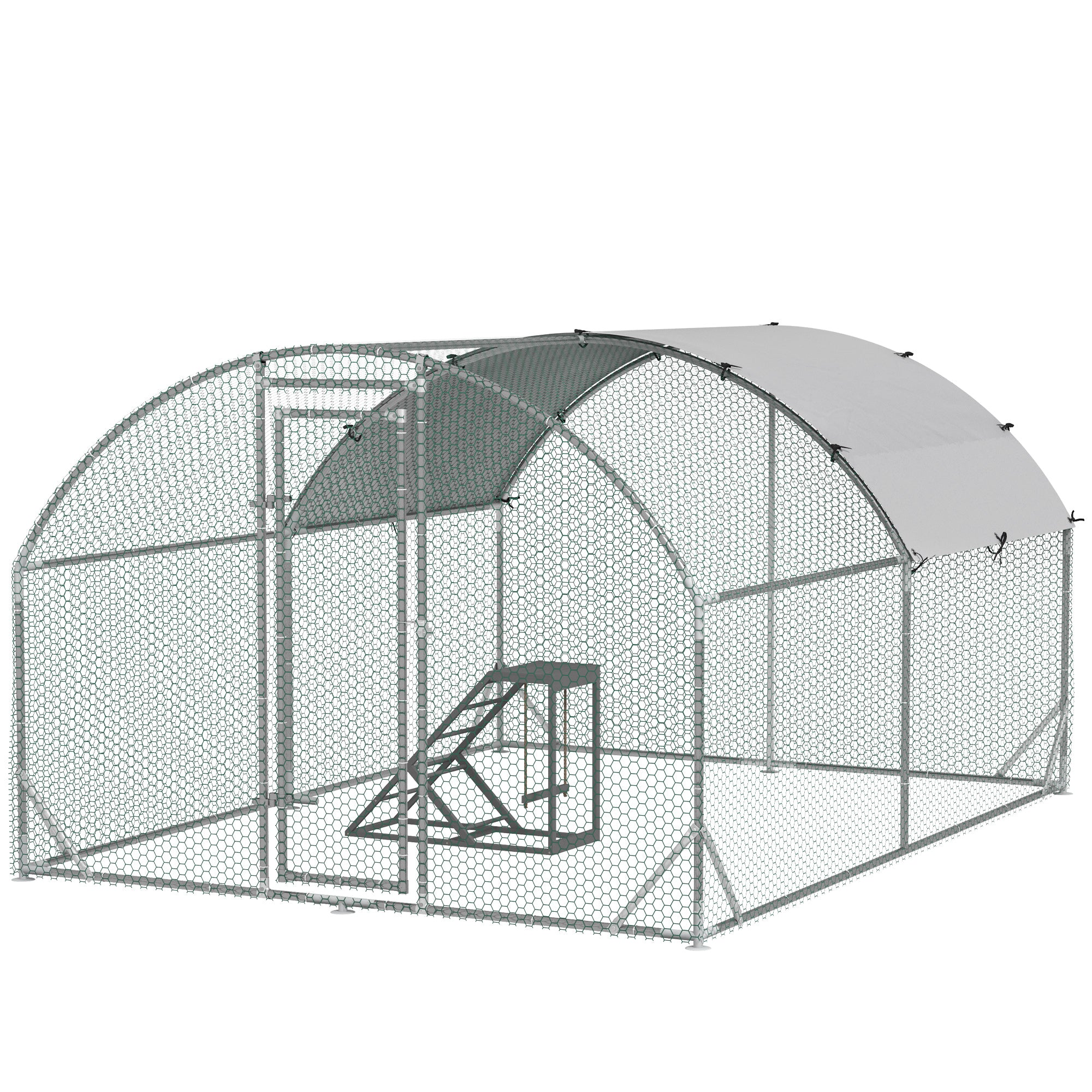 PawHut Walk-In Chicken Run, Metal Chicken Coop with Cover, Outdoor Hen Poultry House Cage with Chicken Activity Shelf, for Chickens, Rabbits, Ducks, 2.8 x 3.8 x 2m