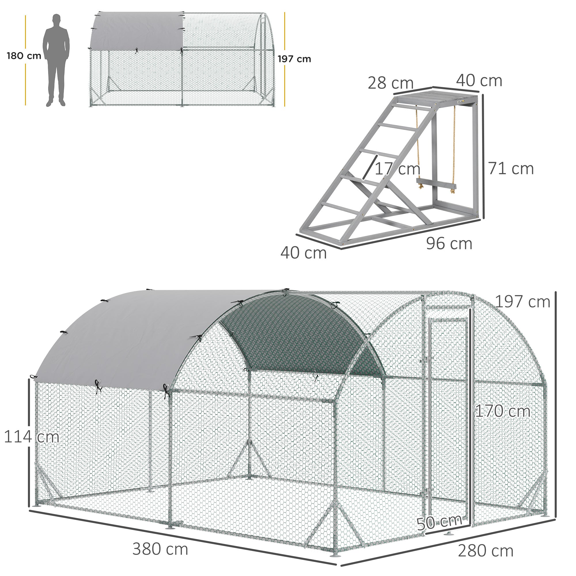 PawHut Walk-In Chicken Run, Metal Chicken Coop with Cover, Outdoor Hen Poultry House Cage with Chicken Activity Shelf, for Chickens, Rabbits, Ducks, 2.8 x 3.8 x 2m