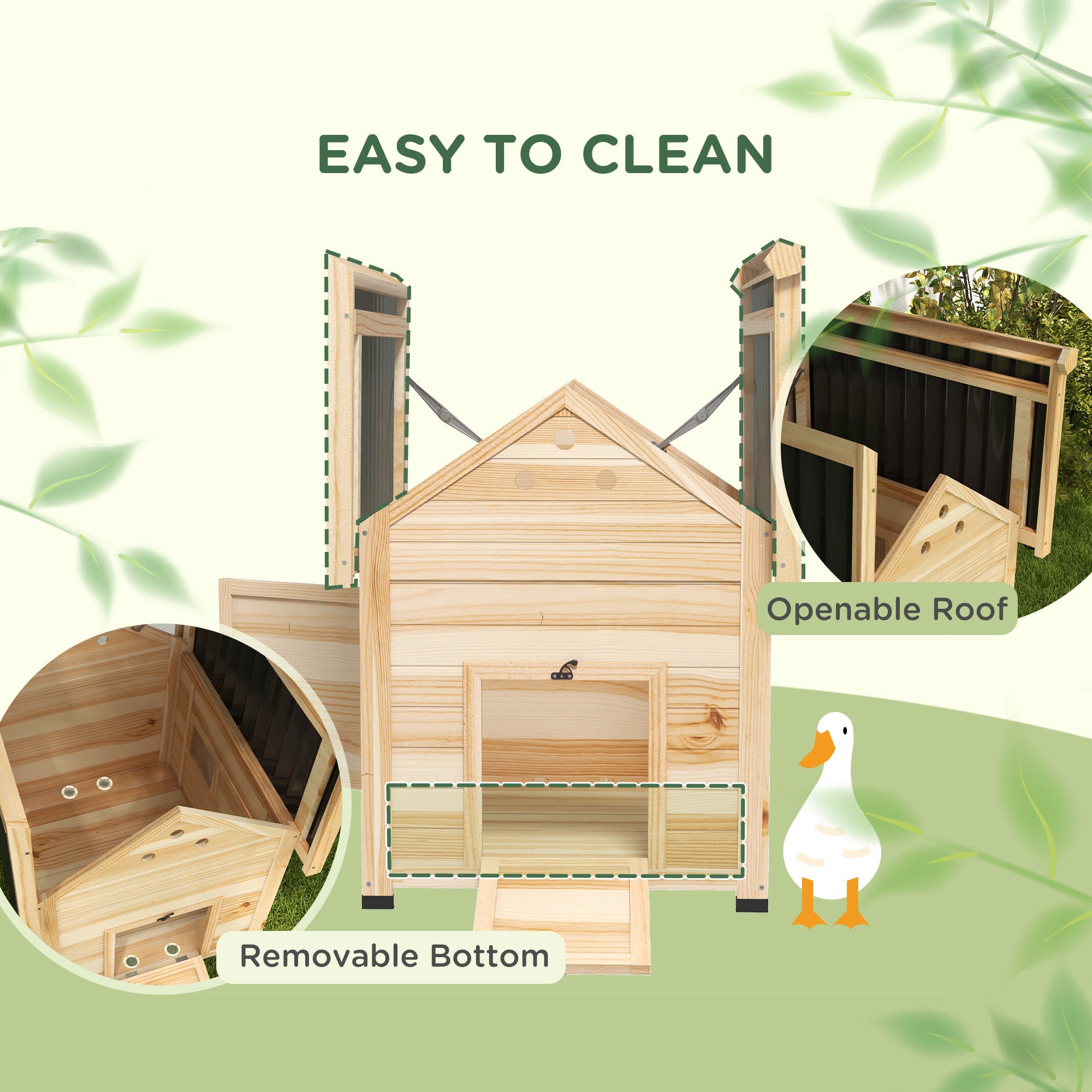 PawHut Duck Coop, Wooden Duck House, Outdoor Small Animal House with Openable Roof, Double Doors, Removable Base for 1-3 Ducks, Natural Wood