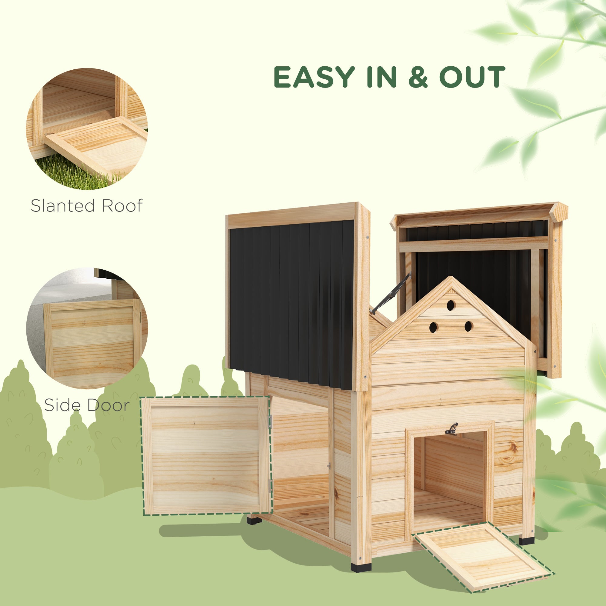 PawHut Duck Coop, Wooden Duck House, Outdoor Small Animal House with Openable Roof, Double Doors, Removable Base for 1-3 Ducks, Natural Wood