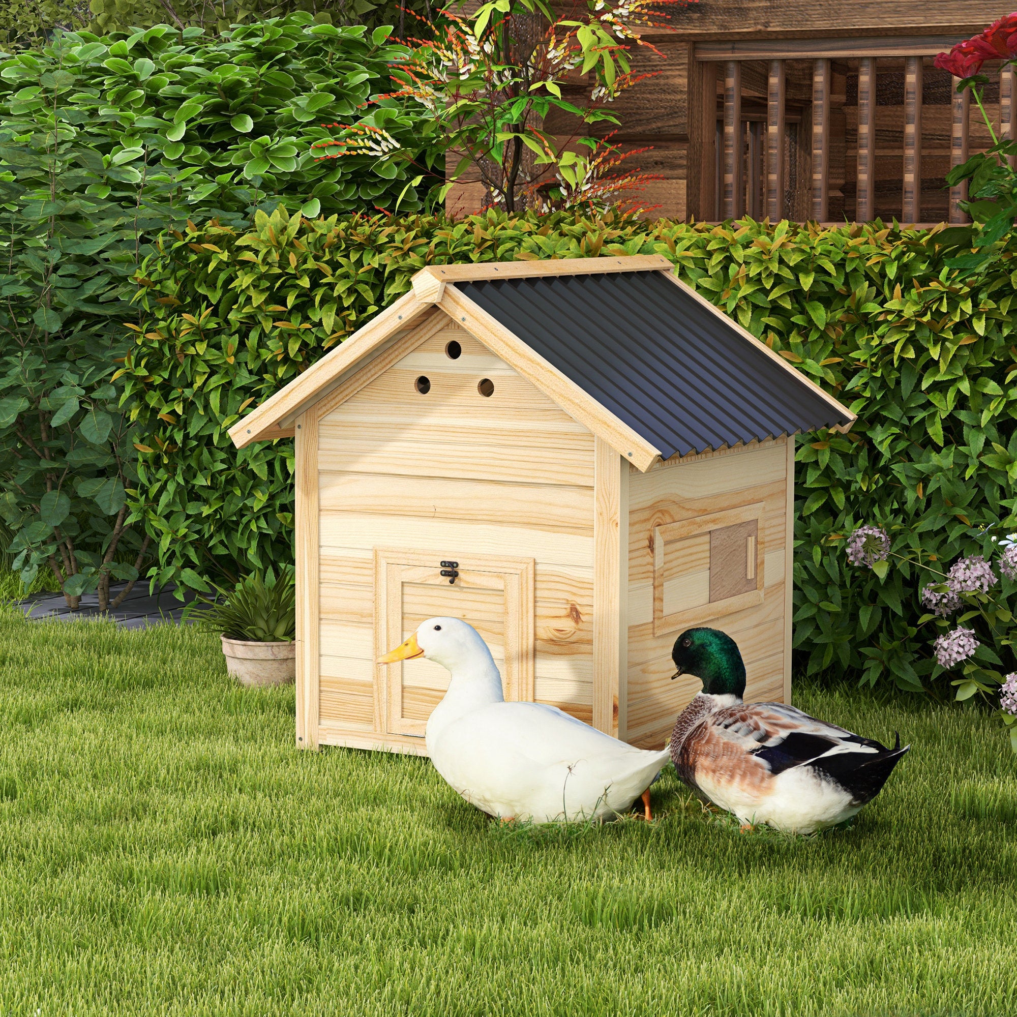 PawHut Duck Coop, Wooden Duck House, Outdoor Small Animal House with Openable Roof, Double Doors, Removable Base for 1-3 Ducks, Natural Wood