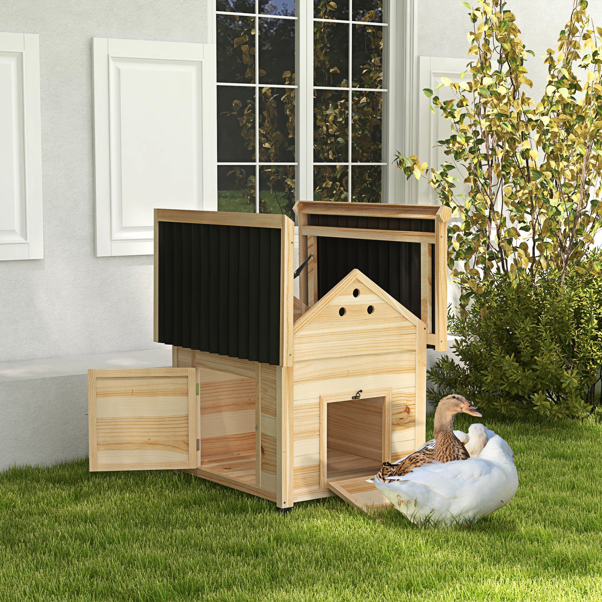 PawHut Wooden Duck House, Raised Poultry Coop with Double Doors, Openable Roof, Ventilation Holes, Removable Base, Natural Wood Finish