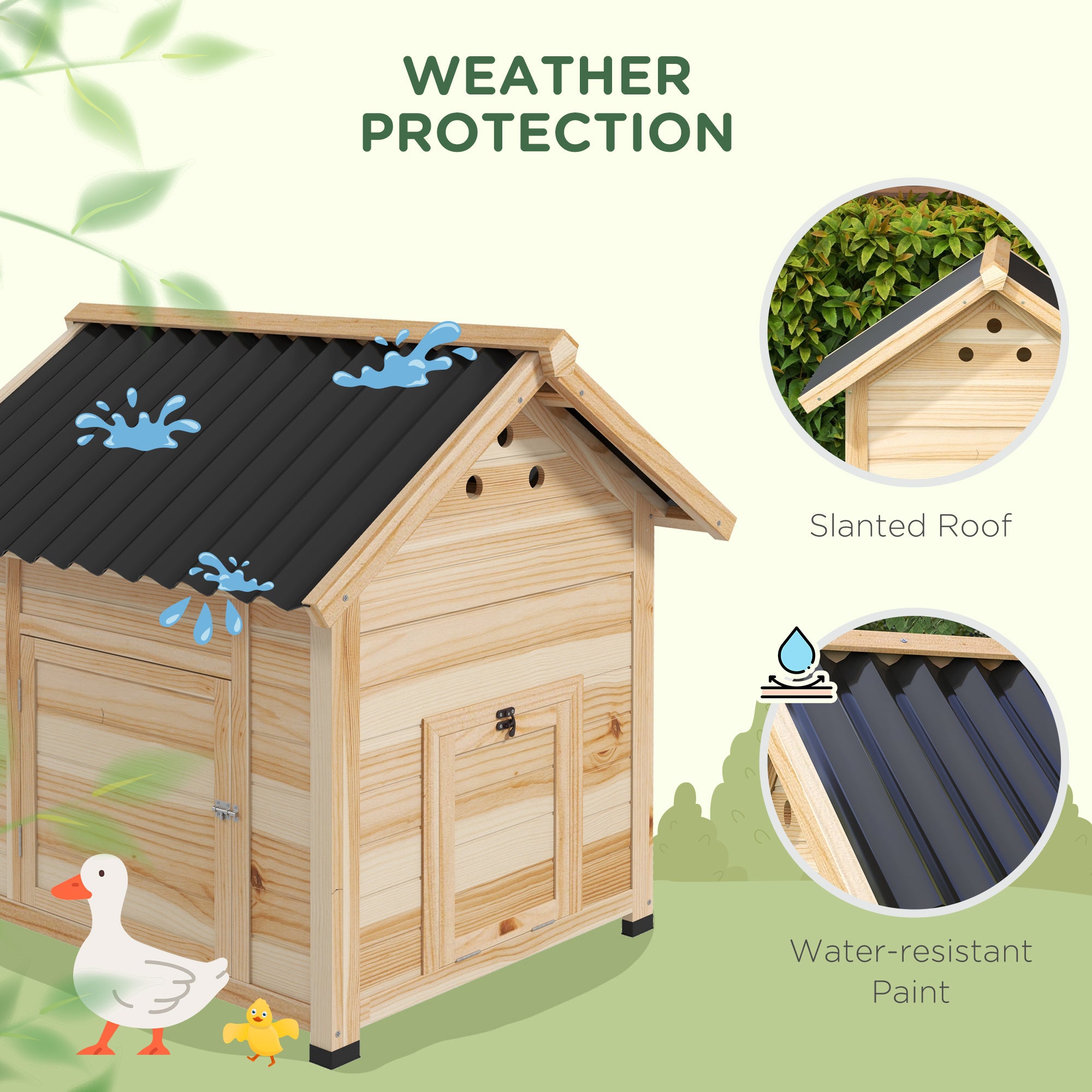 PawHut Duck Coop, Wooden Duck House, Outdoor Small Animal House with Openable Roof, Double Doors, Removable Base for 1-3 Ducks, Natural Wood