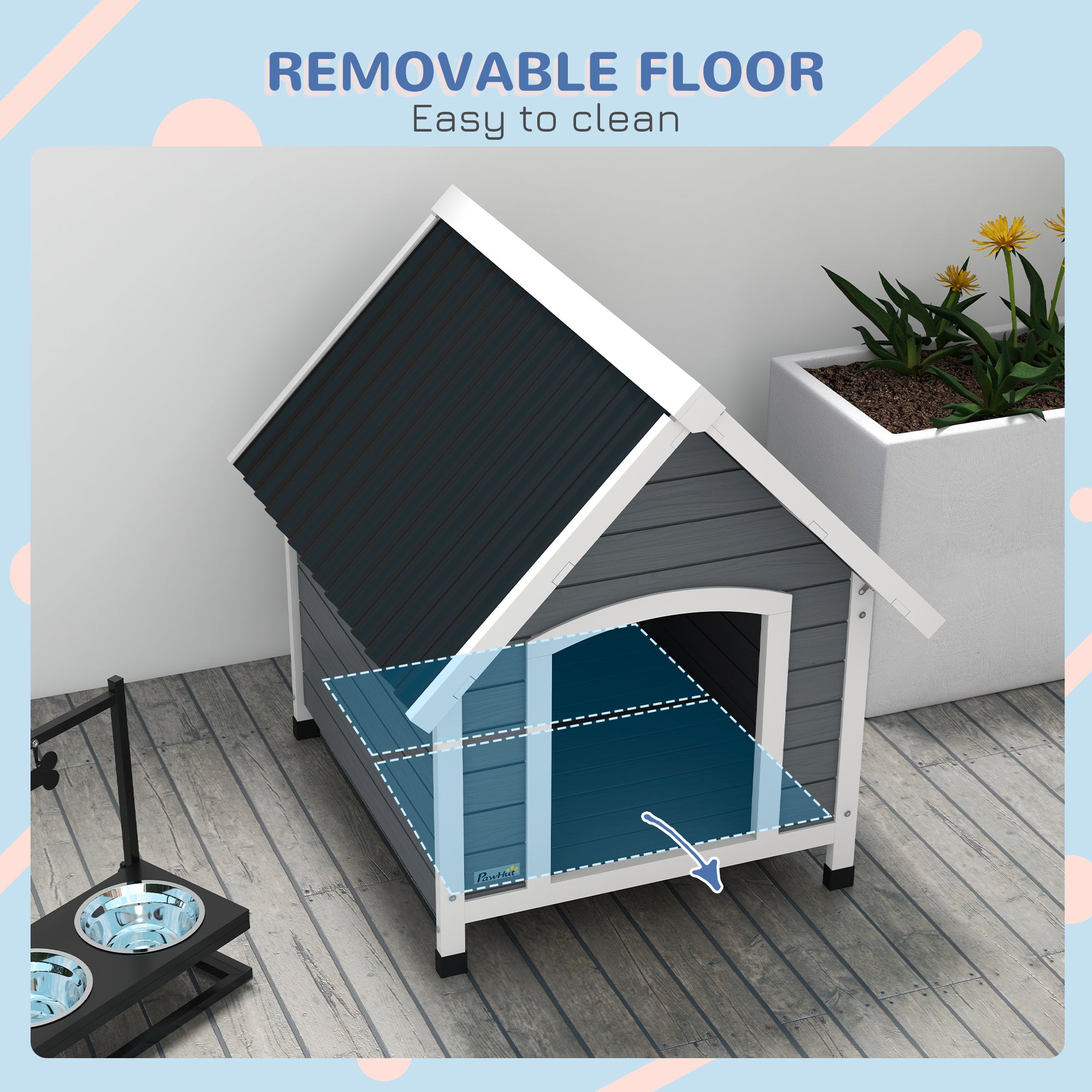 PawHut Dog Kennel Outdoor Wooden Dog House with Removable Floor, Elevated Pet Shelter, Anti-Corrosion Wood, for Medium Dogs, 82H x 75W x 88Dcm - Grey